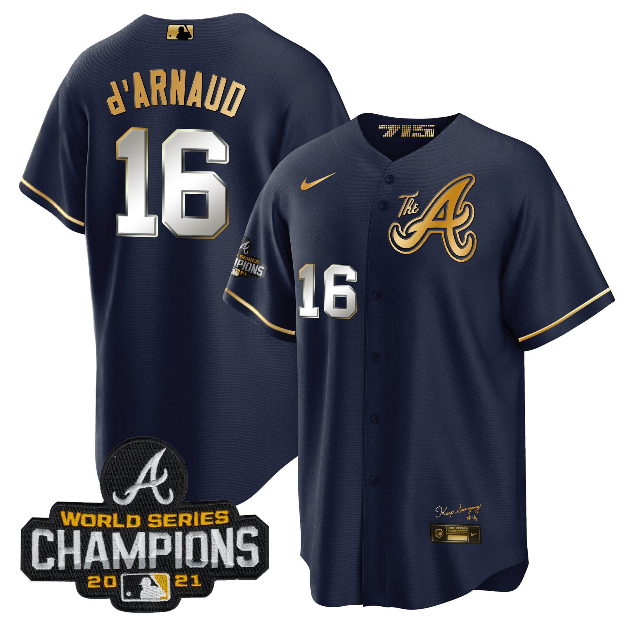 Travis d'Arnaud Men's Atlanta Braves Champions City Connect Gold Cool Base Navy Gold Jersey - All Stitched