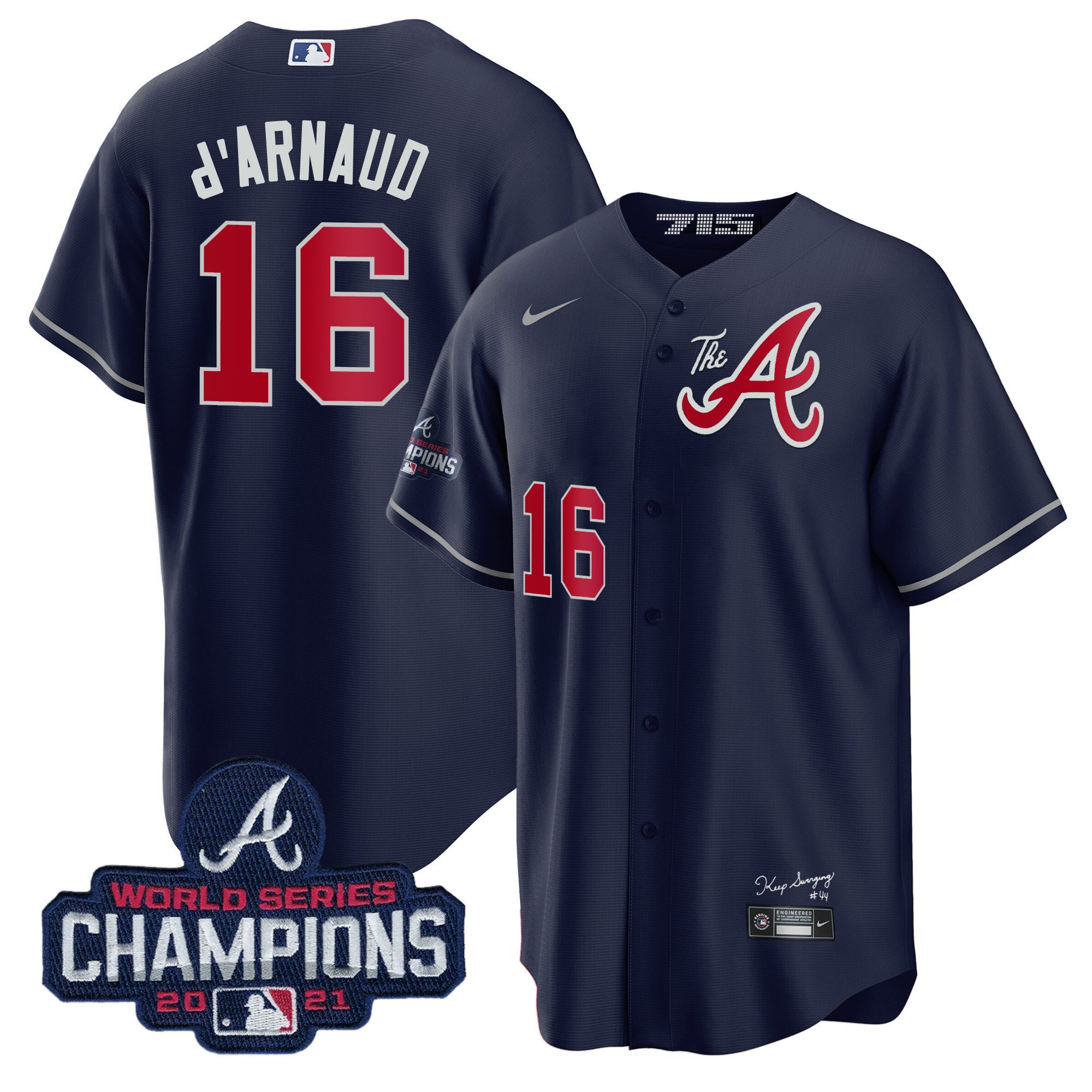 Travis d'Arnaud Men's Atlanta Braves Champions City Connect Gold Cool Base Navy Jersey - All Stitched
