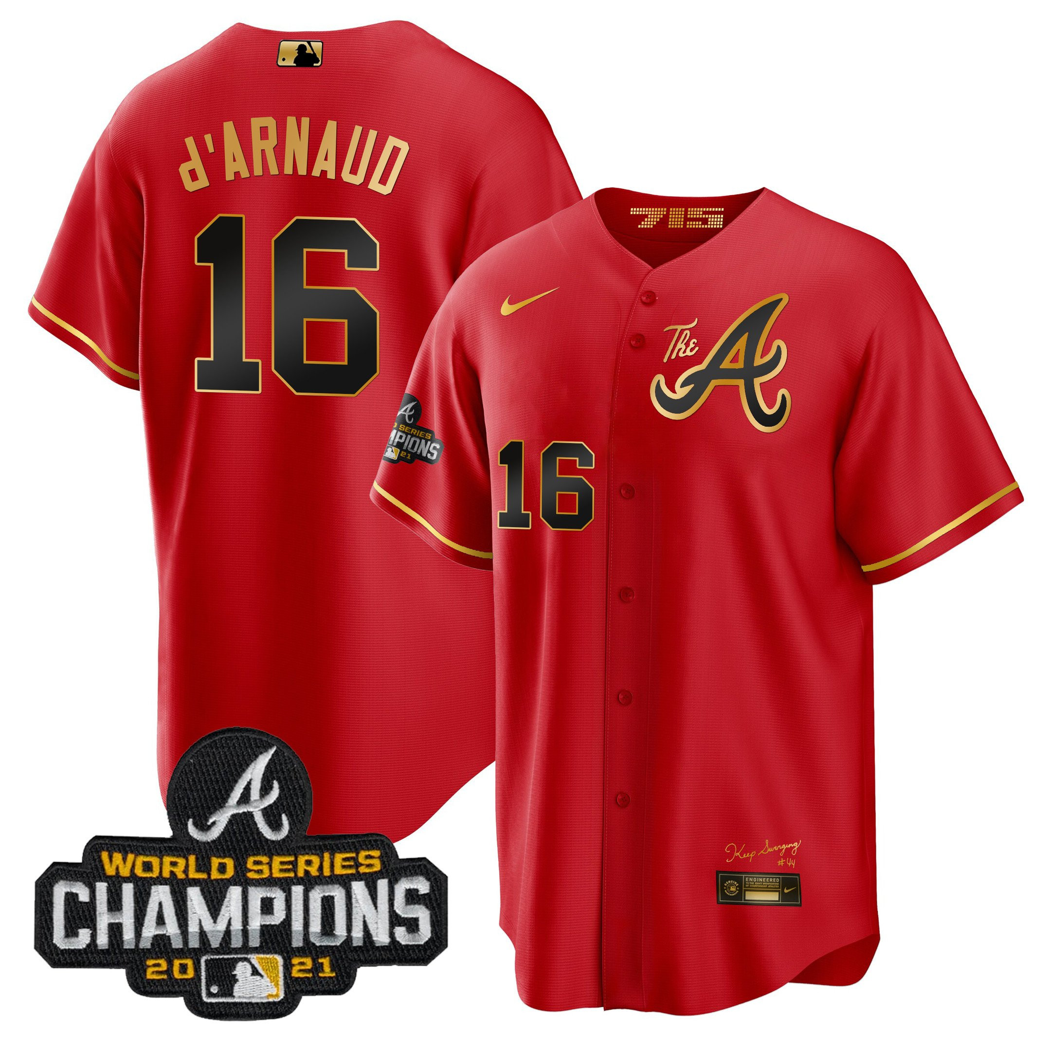 Travis d'Arnaud Men's Atlanta Braves Champions City Connect Gold Cool Base Red Gold Jersey - All Stitched
