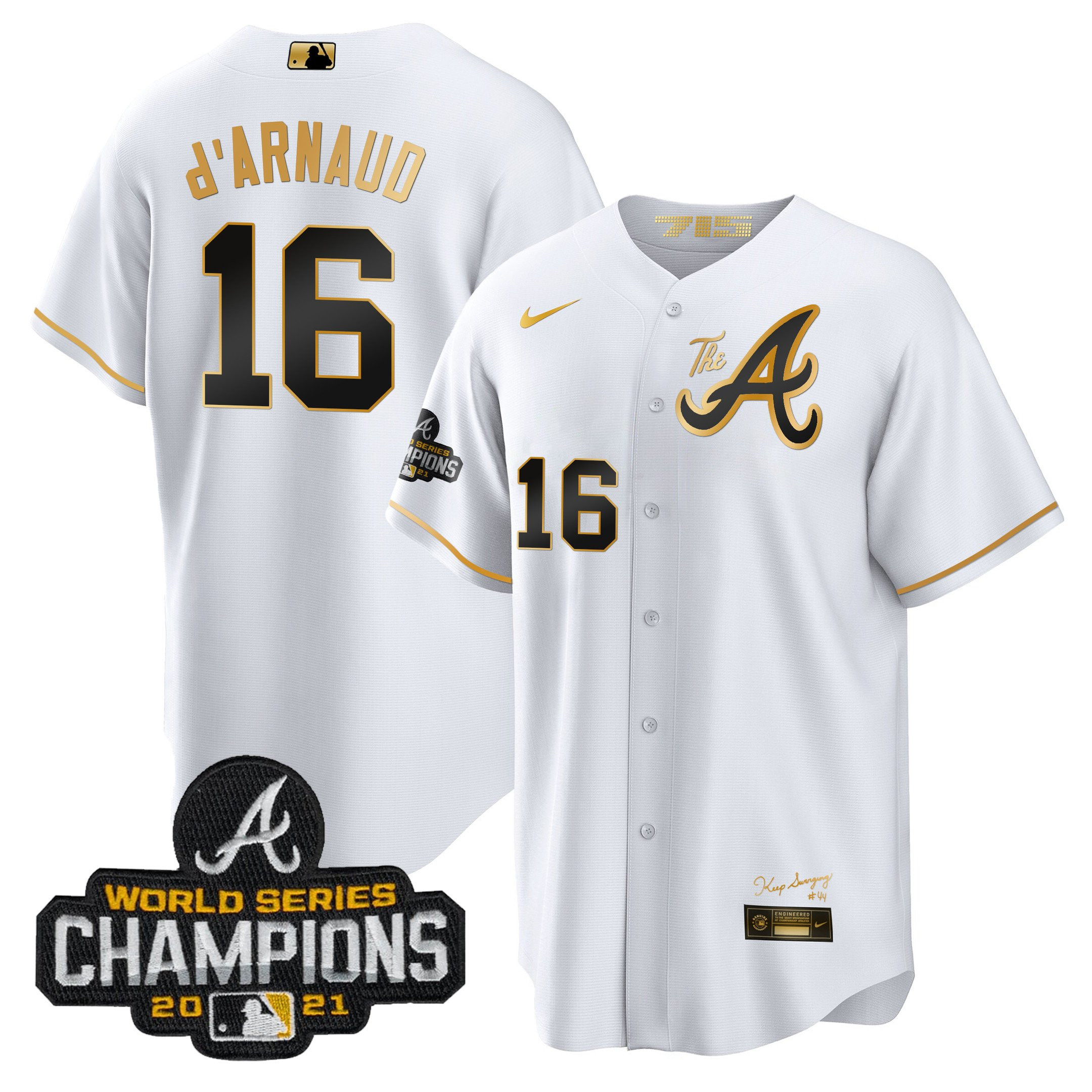Travis d'Arnaud Men's Atlanta Braves Champions City Connect Gold Cool Base White Gold Jersey - All Stitched