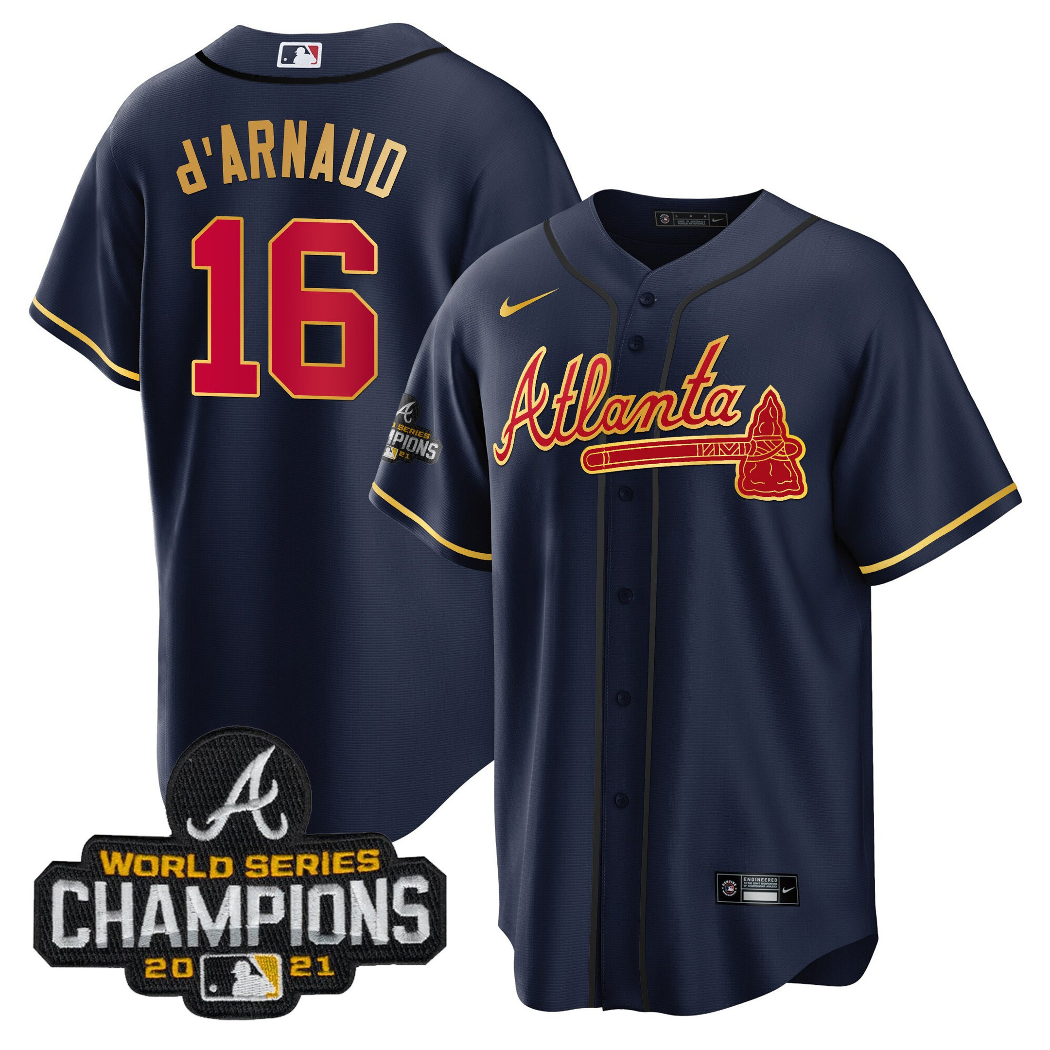 Travis d'Arnaud Men's Atlanta Braves Champions Patch Gold Trim Cool Navy Jersey - All Stitched