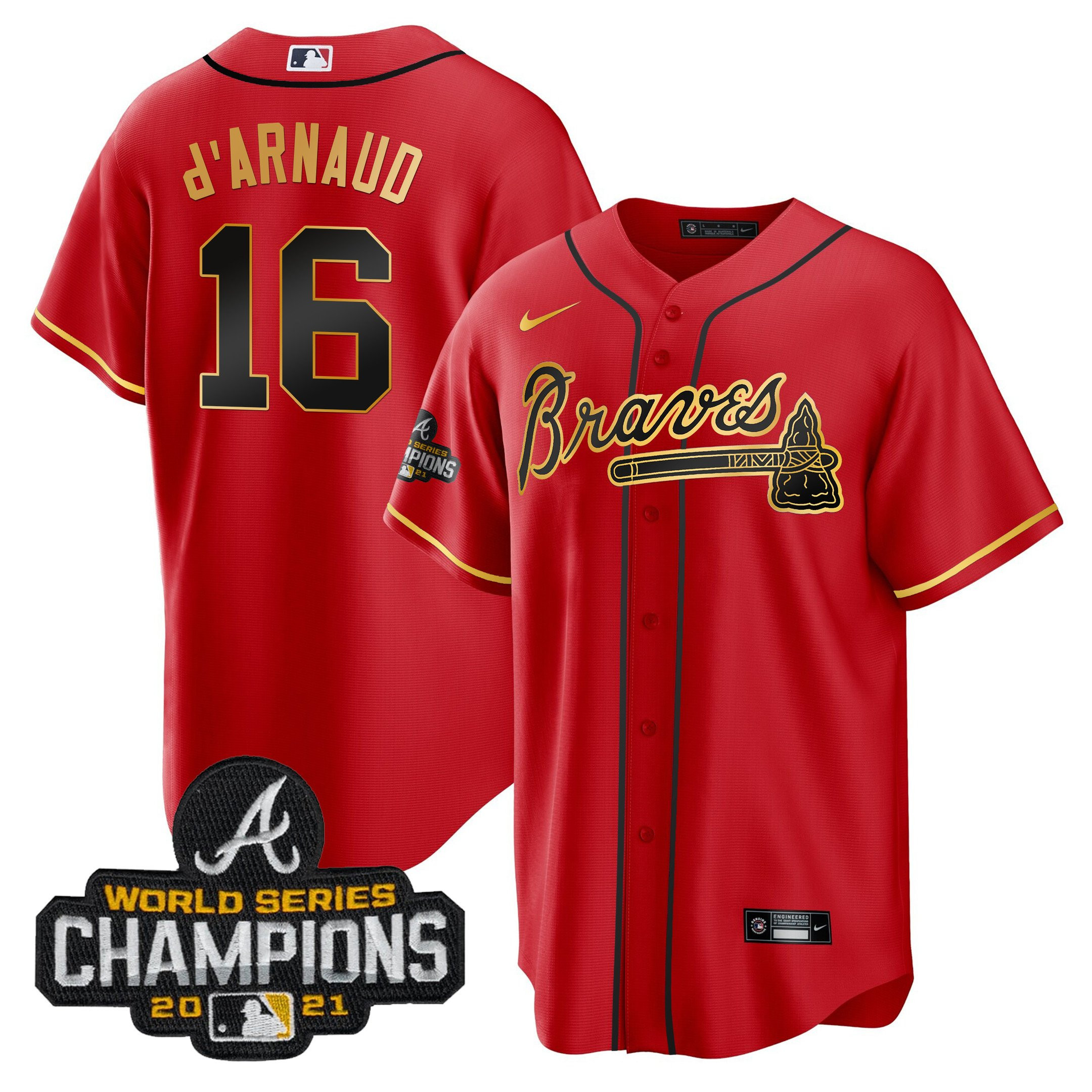 Travis d'Arnaud Men's Atlanta Braves Champions Patch Gold Trim Cool Red Jersey - All Stitched