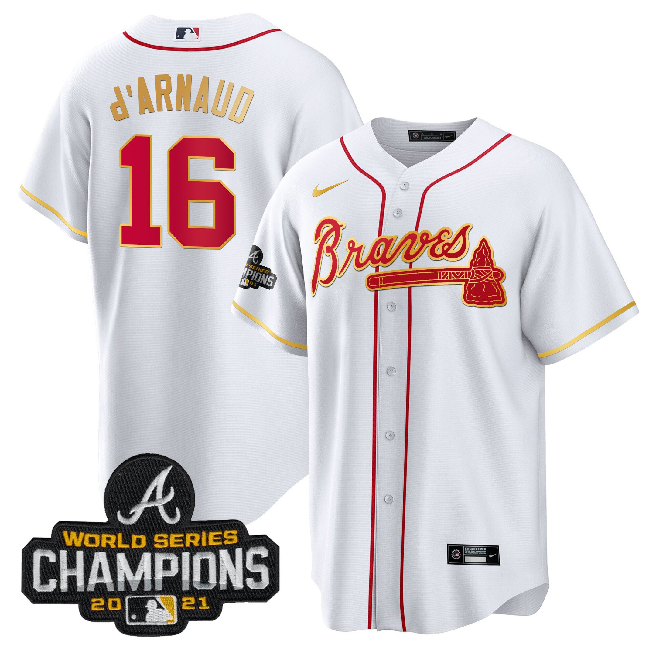 Travis d'Arnaud Men's Atlanta Braves Champions Patch Gold Trim Cool White Jersey - All Stitched