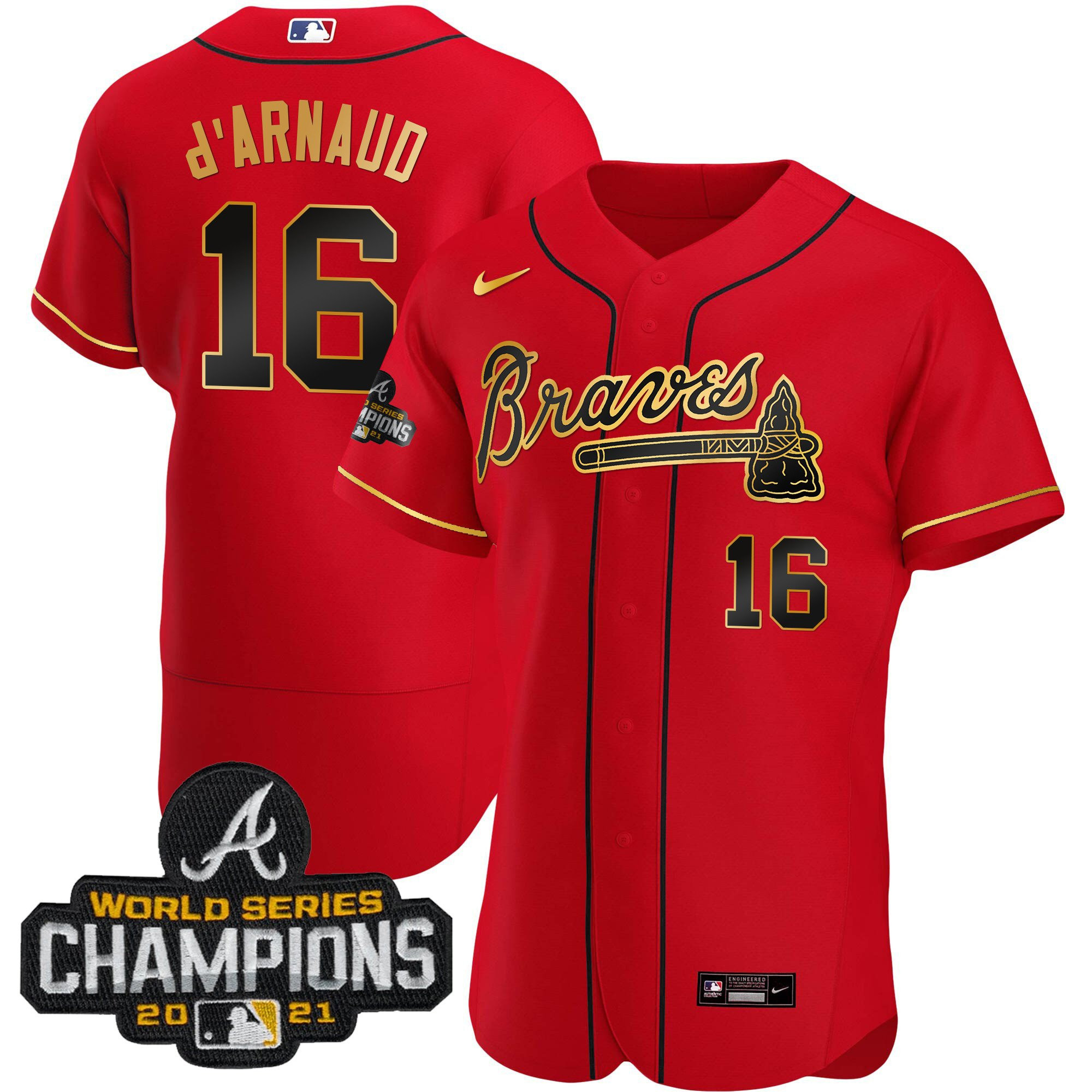 Travis d'Arnaud Men's Atlanta Braves Champions Patch Gold Trim Flex Red Jersey - All Stitched