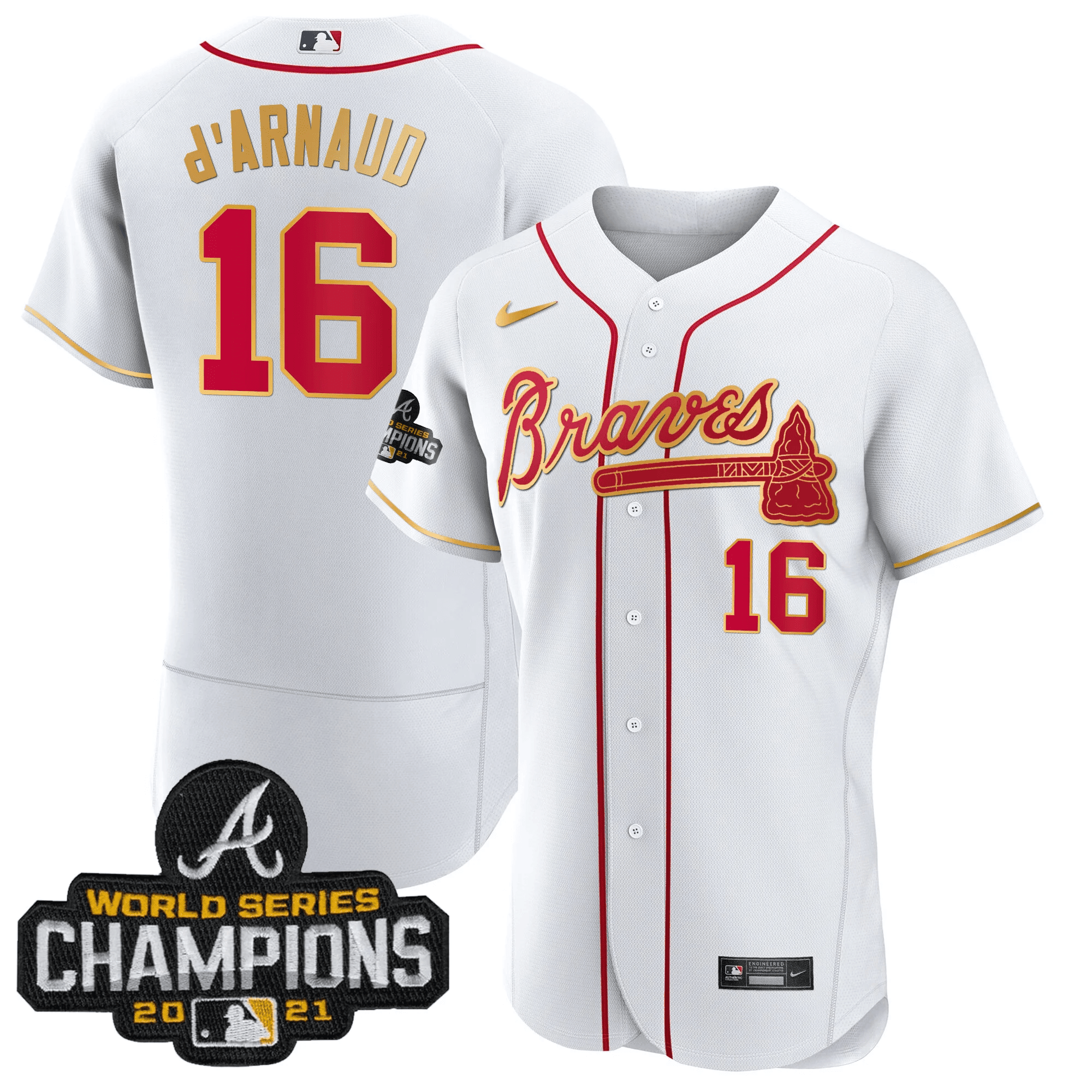 Travis d'Arnaud Men's Atlanta Braves Champions Patch Gold Trim Flex White Jersey - All Stitched