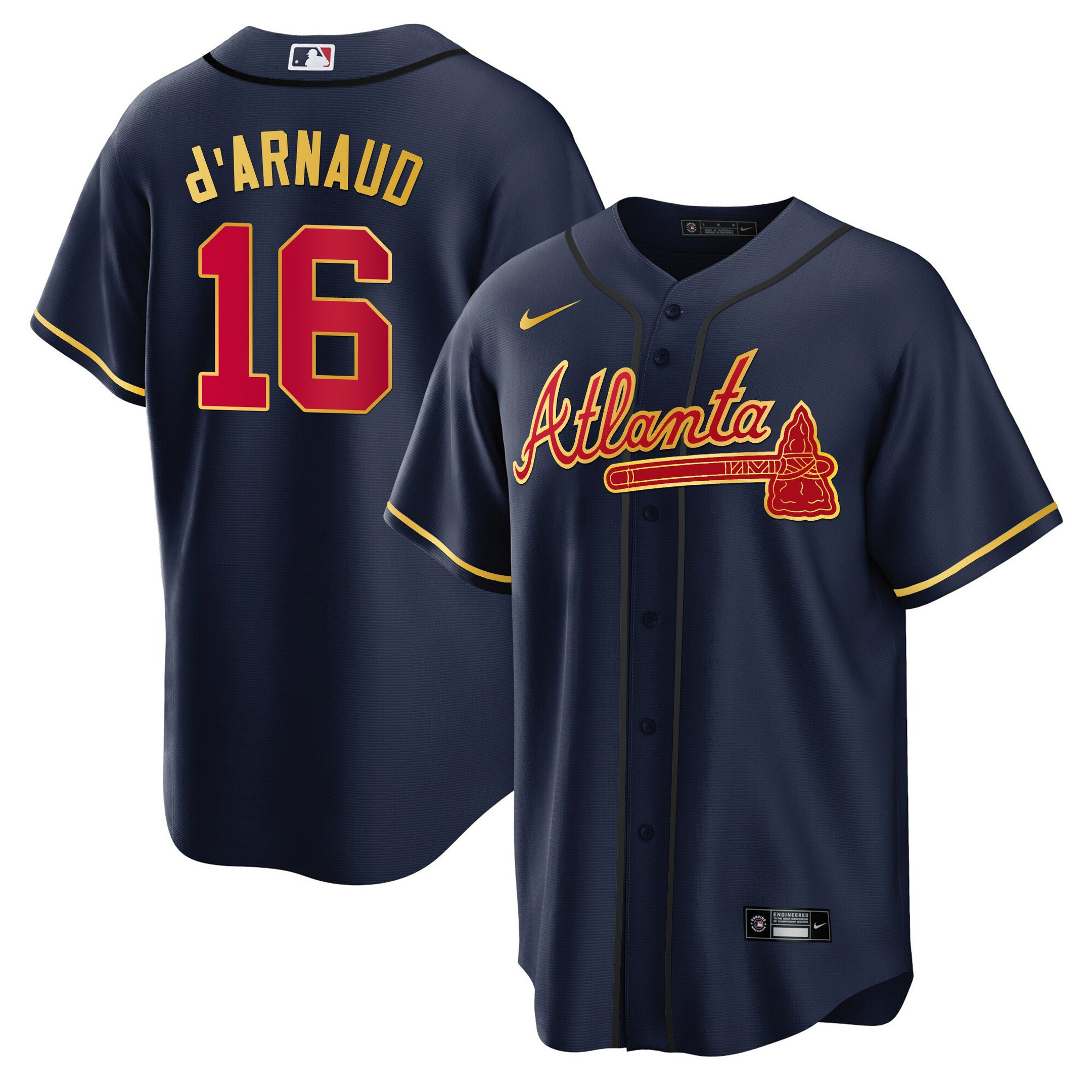 Travis d'Arnaud Men's Atlanta Braves Gold Trim Cool Navy Jersey - All Stitched