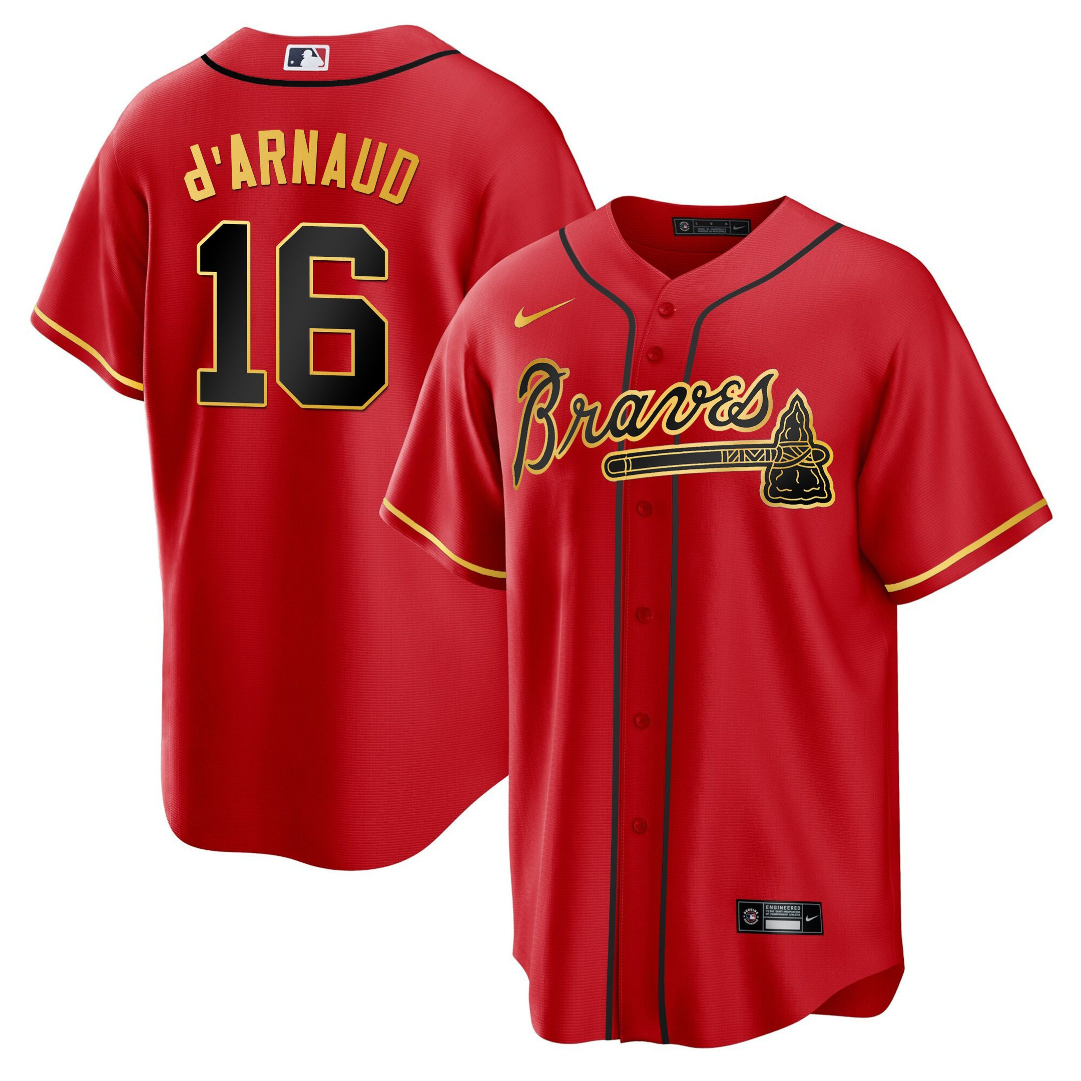 Travis d'Arnaud Men's Atlanta Braves Gold Trim Cool Red Jersey - All Stitched
