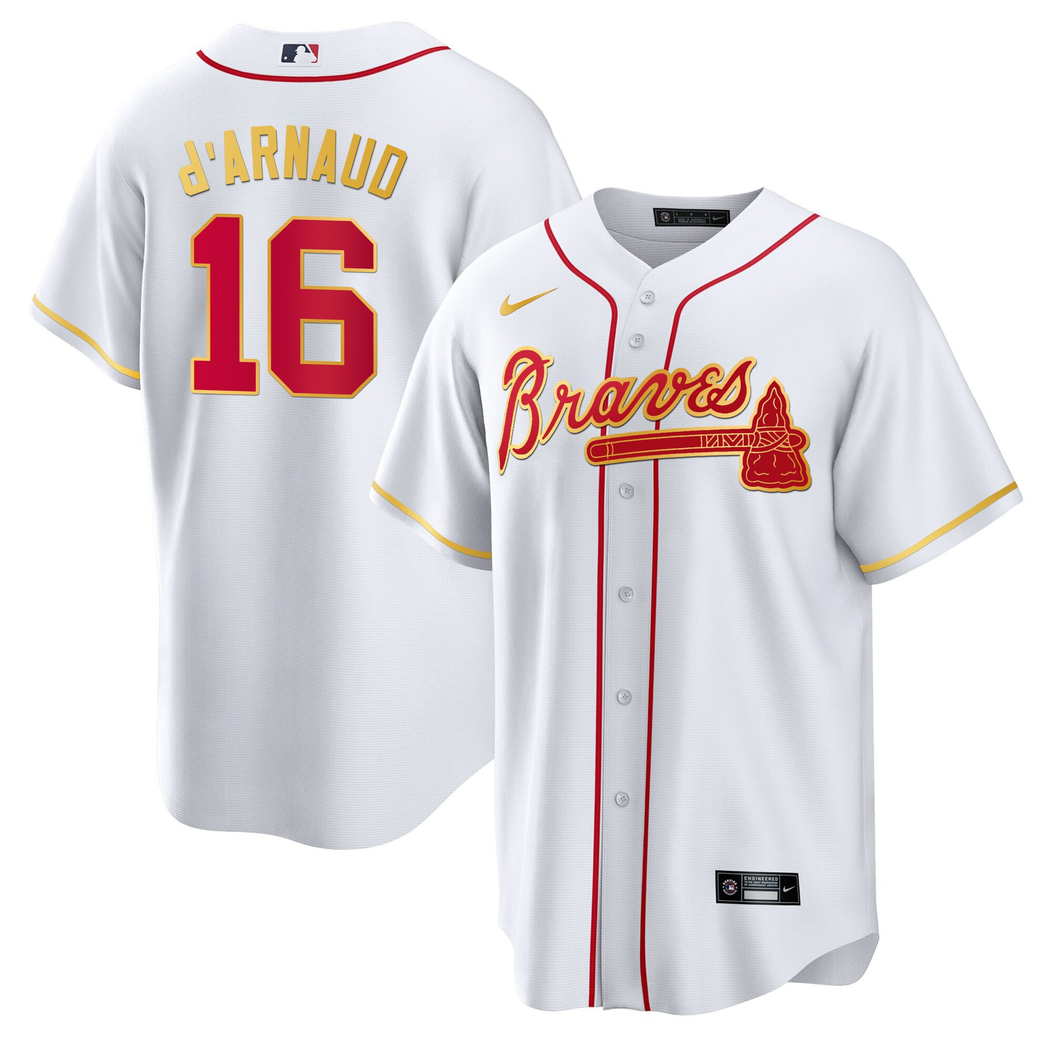 Travis d'Arnaud Men's Atlanta Braves Gold Trim Cool White Jersey - All Stitched