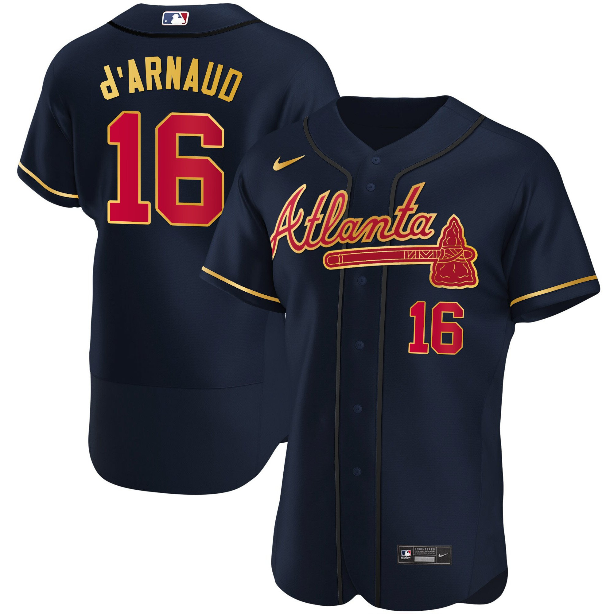 Travis d'Arnaud Men's Atlanta Braves Gold Trim Flex Navy Jersey - All Stitched