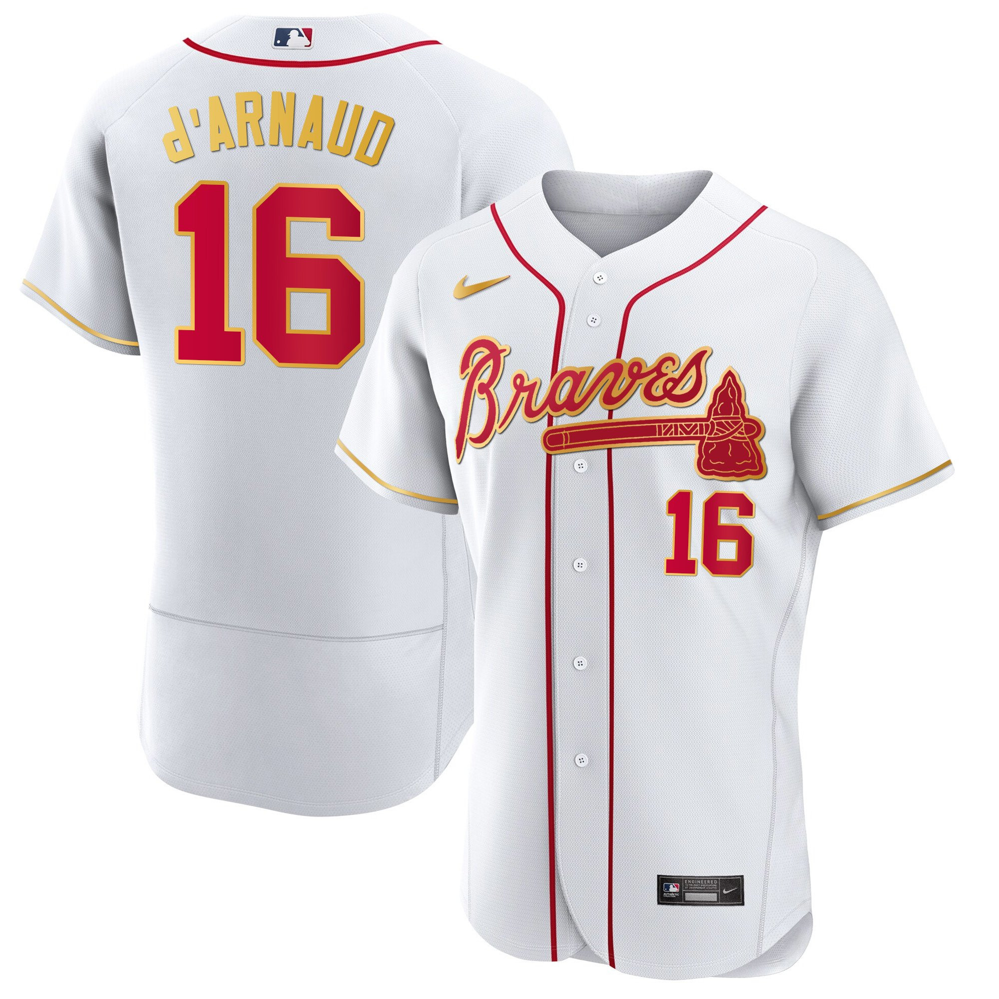 Travis d'Arnaud Men's Atlanta Braves Gold Trim Flex White Jersey - All Stitched