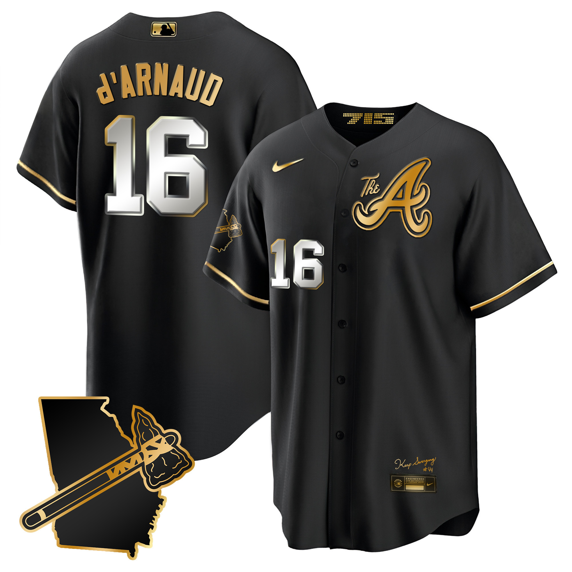 Travis D'Arnaud Men's Atlanta Braves The A Gold Cool Base - Georgia Patch Black Gold Jersey - All Stitched