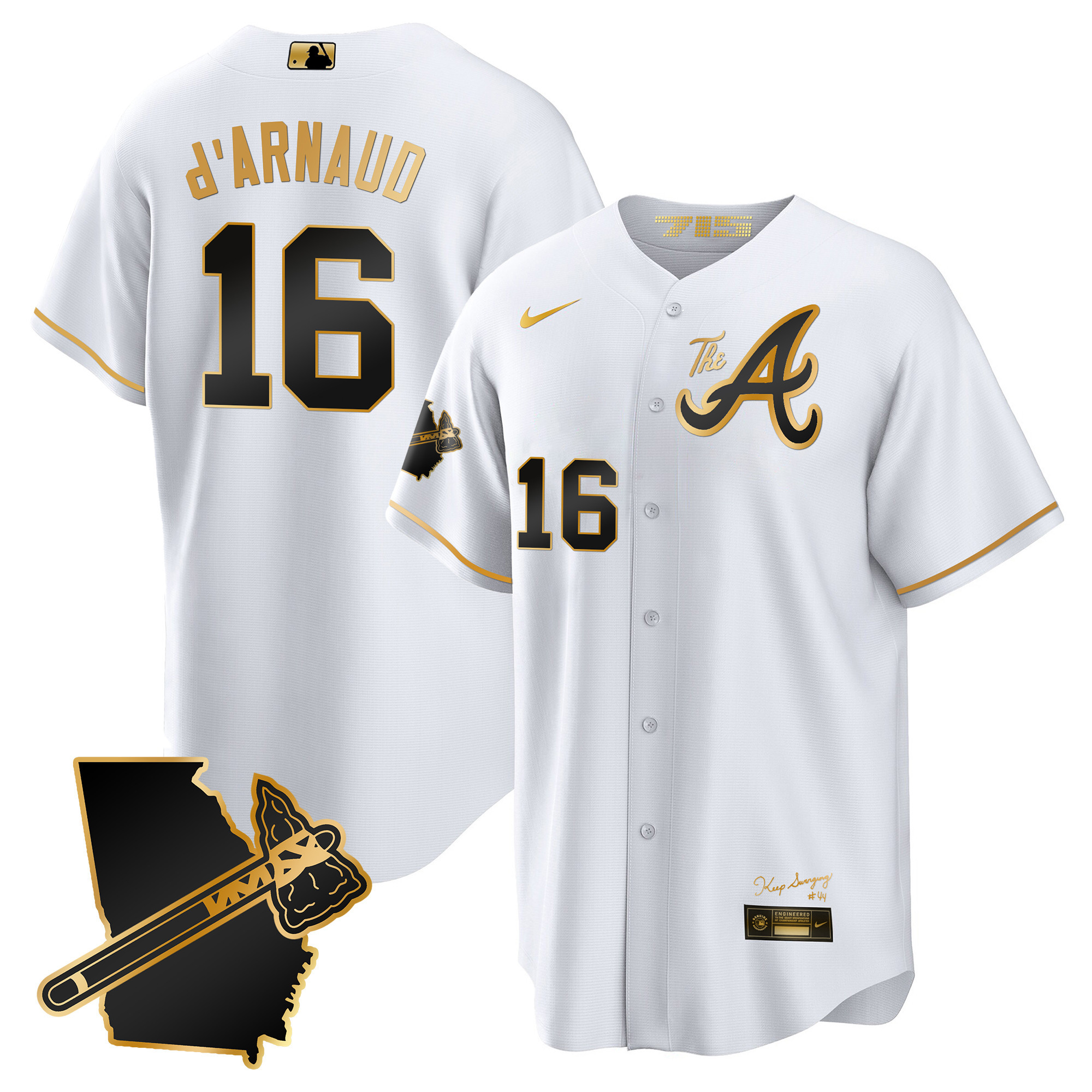 Travis D'Arnaud Men's Atlanta Braves The A Gold Cool Base - Georgia Patch White Gold Jersey - All Stitched