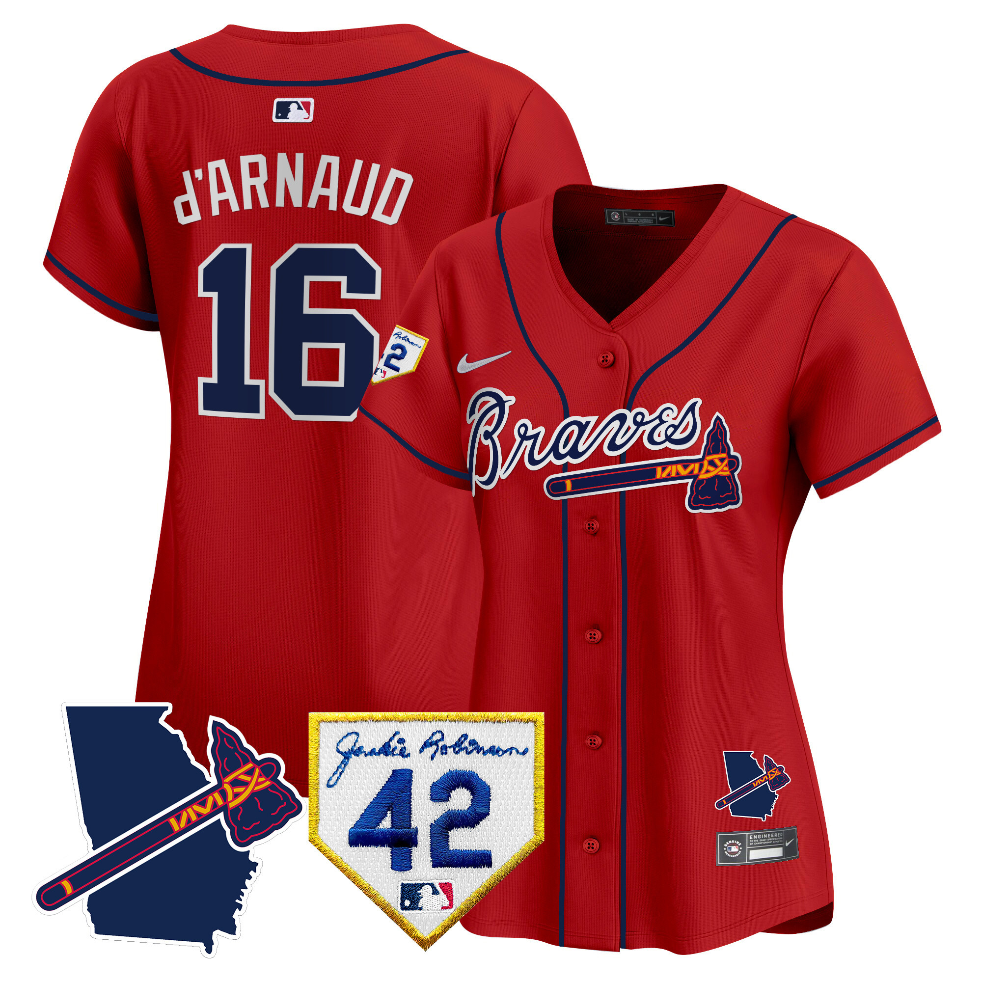 Travis D'Arnaud Women's Atlanta Braves 2024 Robinson & Georgia Patch Vapor Premier Limited Red Jersey - All Stitched