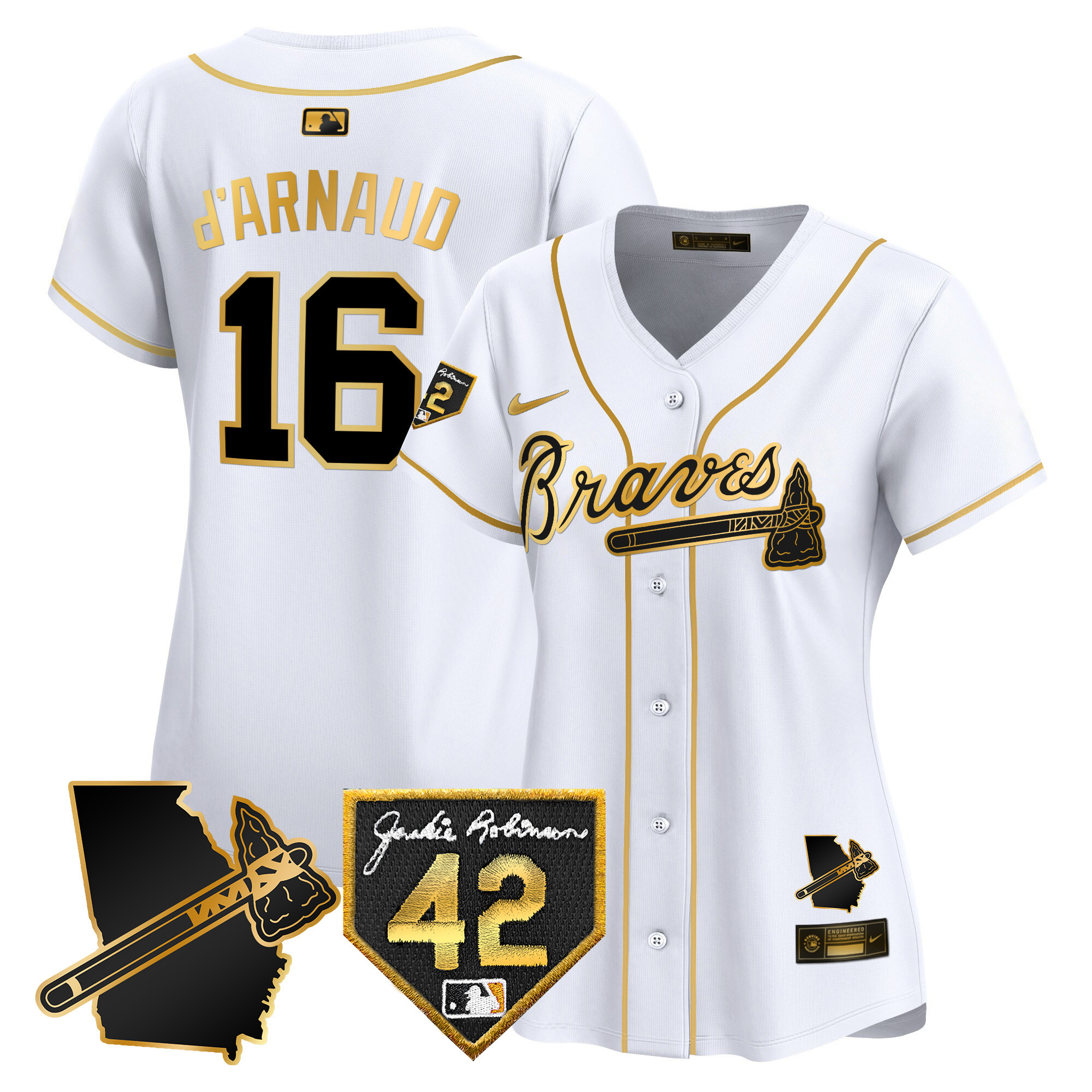 Travis D'Arnaud Women's Atlanta Braves 2024 Robinson & Georgia Patch Vapor Premier Limited White Gold Jersey - All Stitched