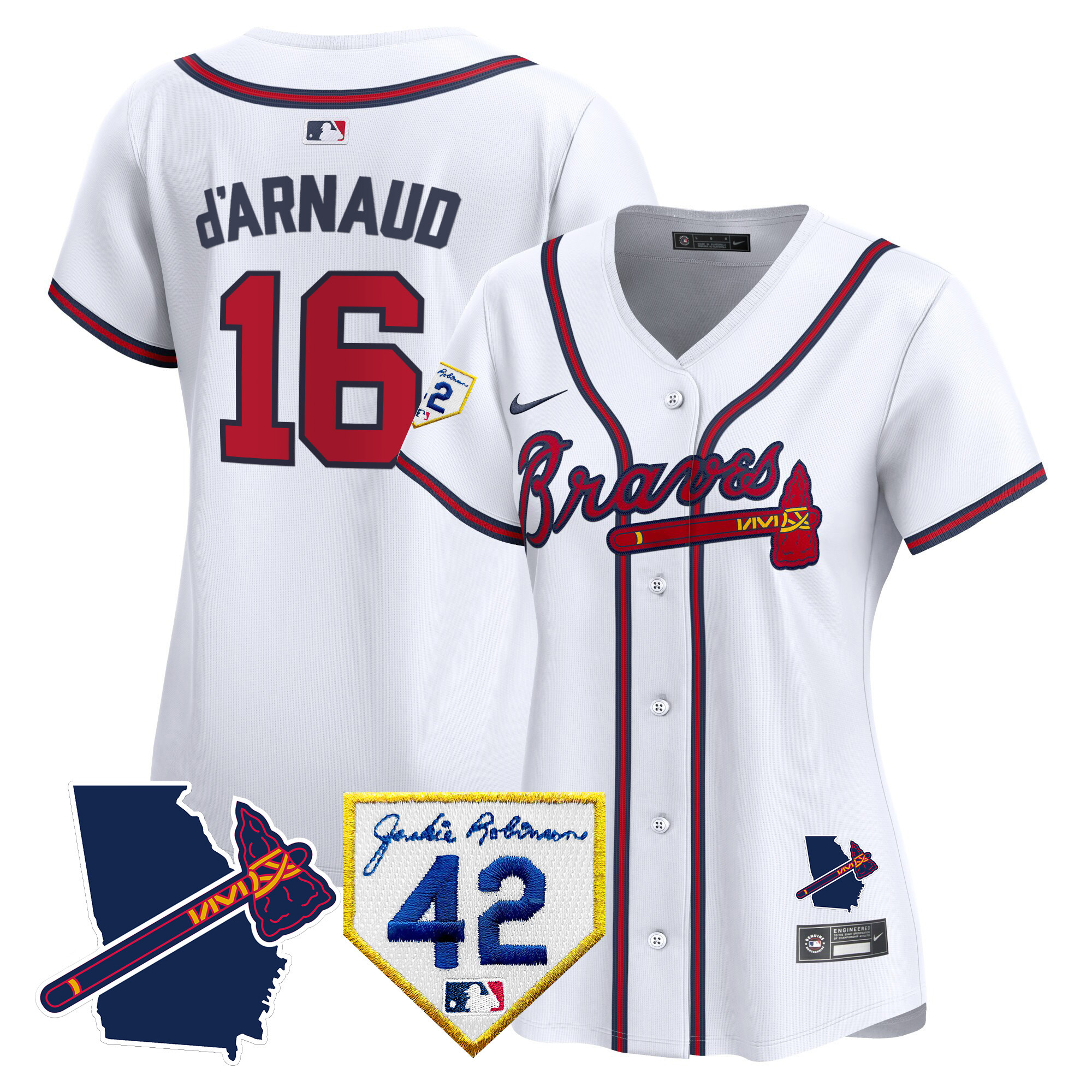 Travis D'Arnaud Women's Atlanta Braves 2024 Robinson & Georgia Patch Vapor Premier Limited White Jersey - All Stitched