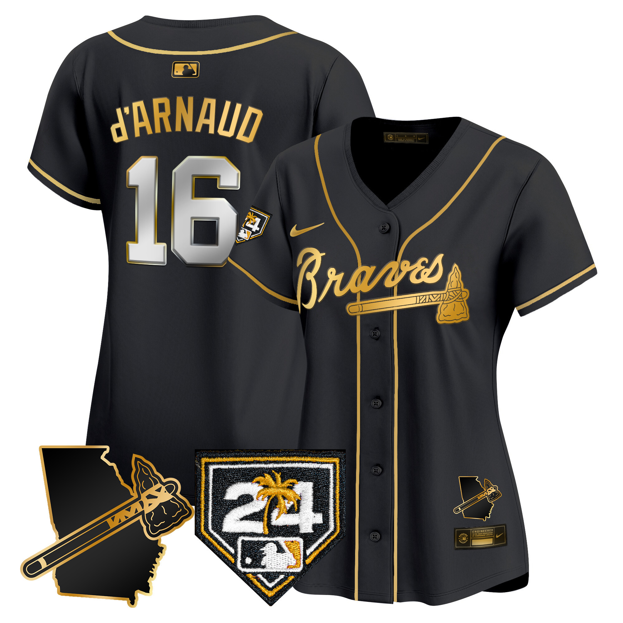 Travis D'Arnaud Women's Atlanta Braves 2024 Spring Training & Georgia Patch Vapor Premier Limited Black Gold Jersey - All Stitched