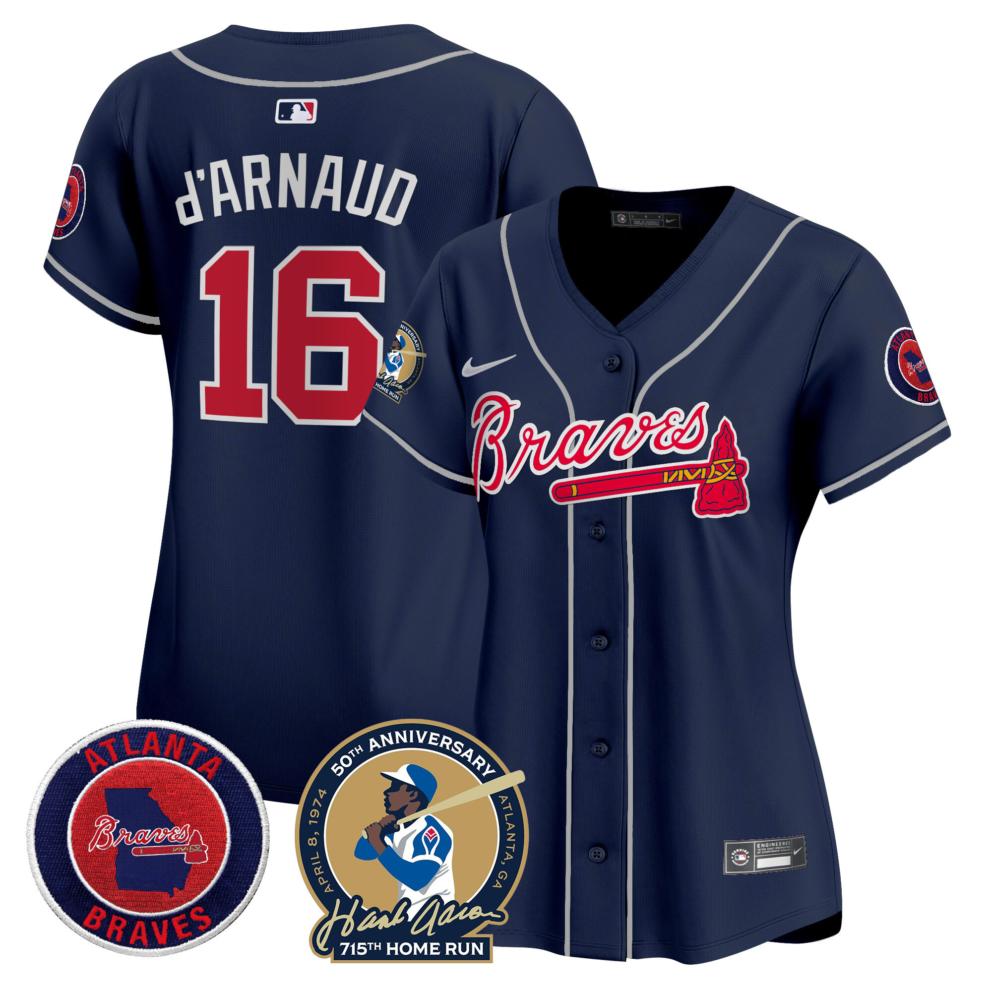 Travis D'Arnaud Women's Atlanta Braves Hank Aaron 715th Home Run Patch Vapor Premier Limited Navy Jersey - All Stitched