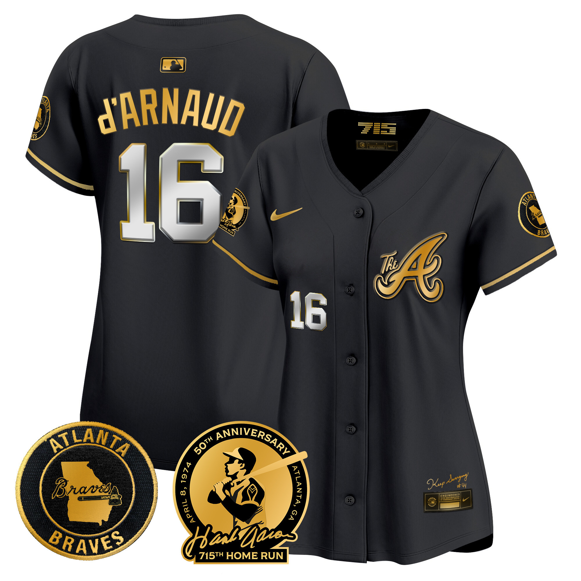Travis D'Arnaud Women's Atlanta Braves Hank Aaron 715th Home Run Patch Vapor Premier Limited V2 Black Gold Jersey - All Stitched
