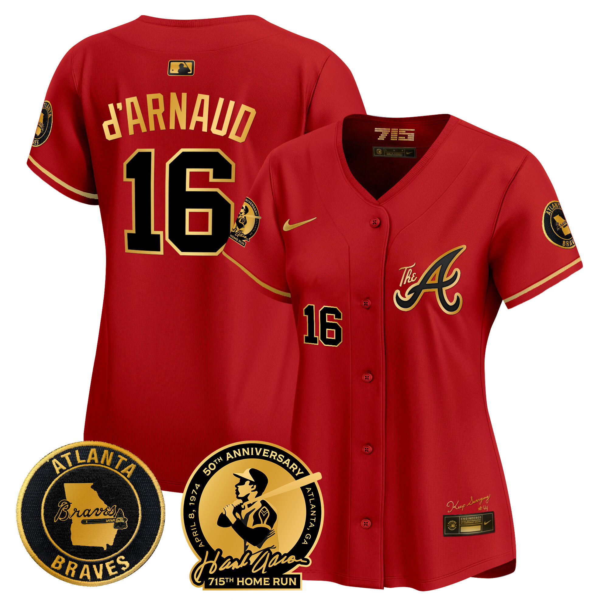Travis D'Arnaud Women's Atlanta Braves Hank Aaron 715th Home Run Patch Vapor Premier Limited V2 Red Gold Jersey - All Stitched