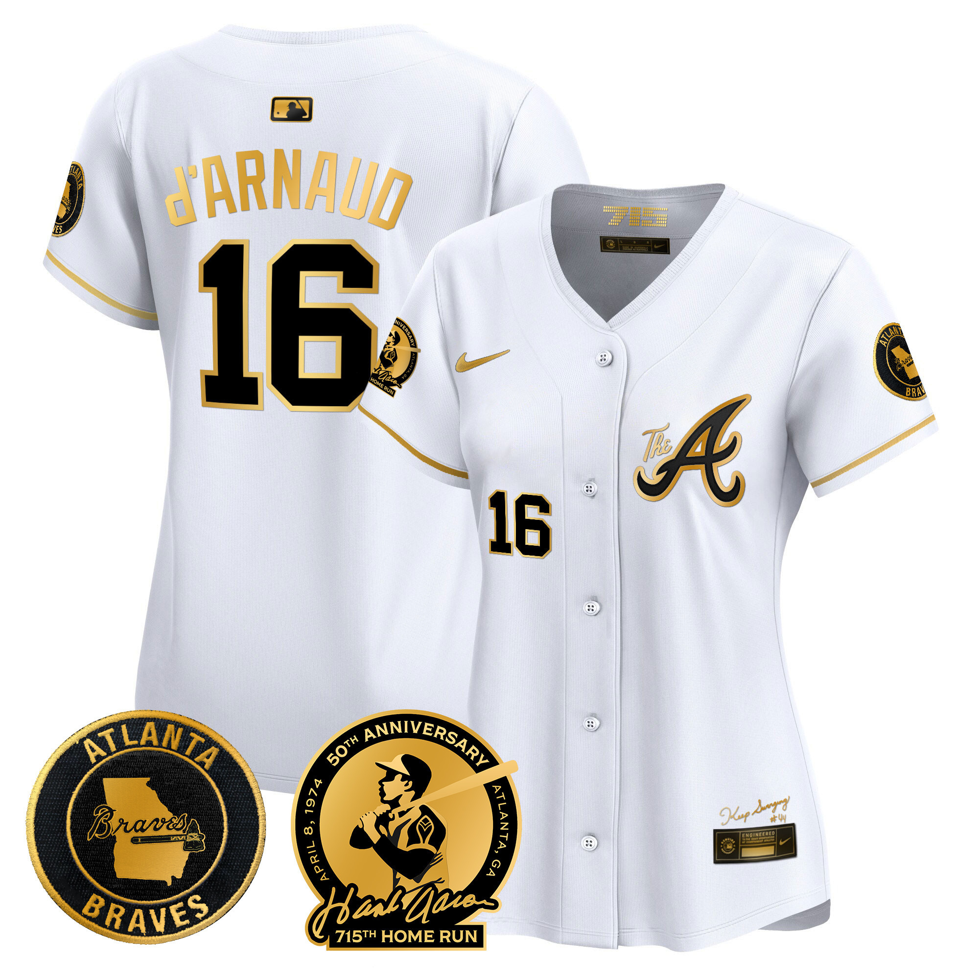 Travis D'Arnaud Women's Atlanta Braves Hank Aaron 715th Home Run Patch Vapor Premier Limited V2 White Gold Jersey - All Stitched