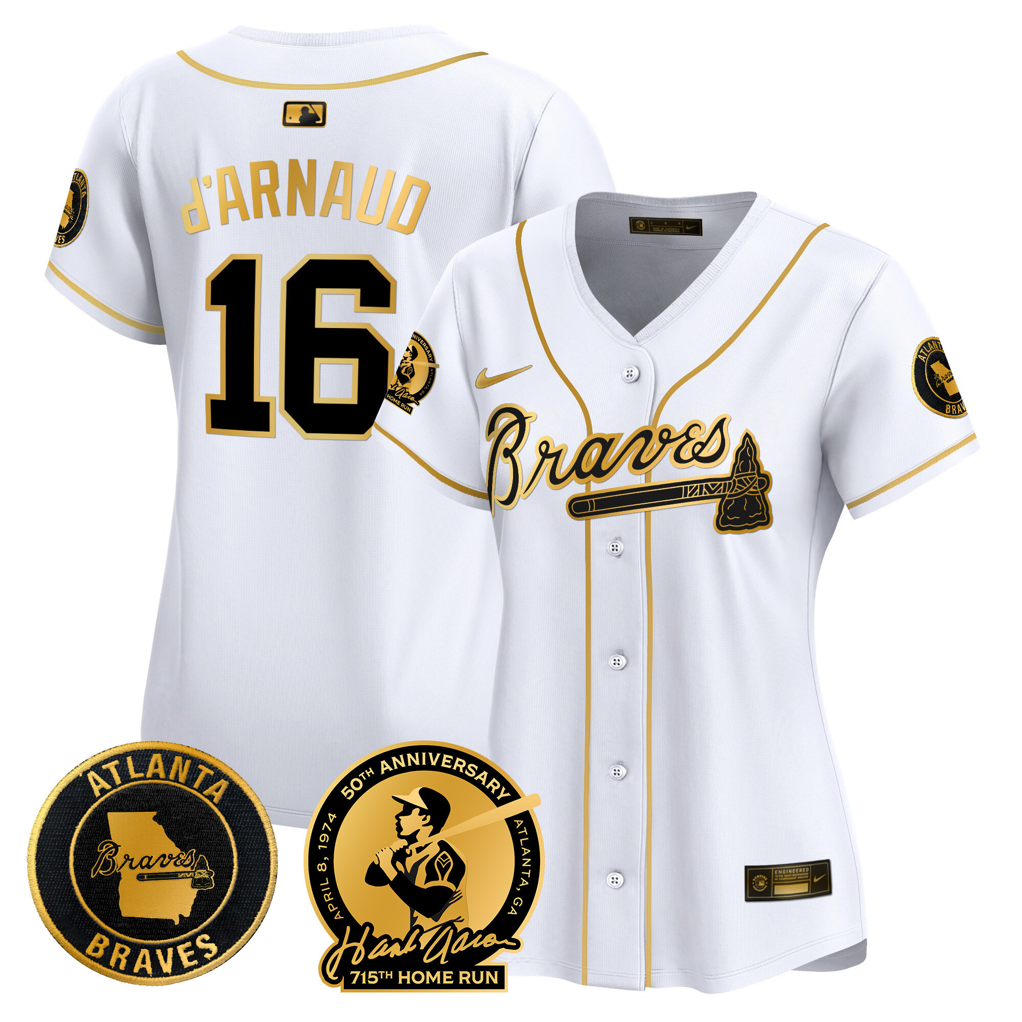 Travis D'Arnaud Women's Atlanta Braves Hank Aaron 715th Home Run Patch Vapor Premier Limited White Gold Jersey - All Stitched