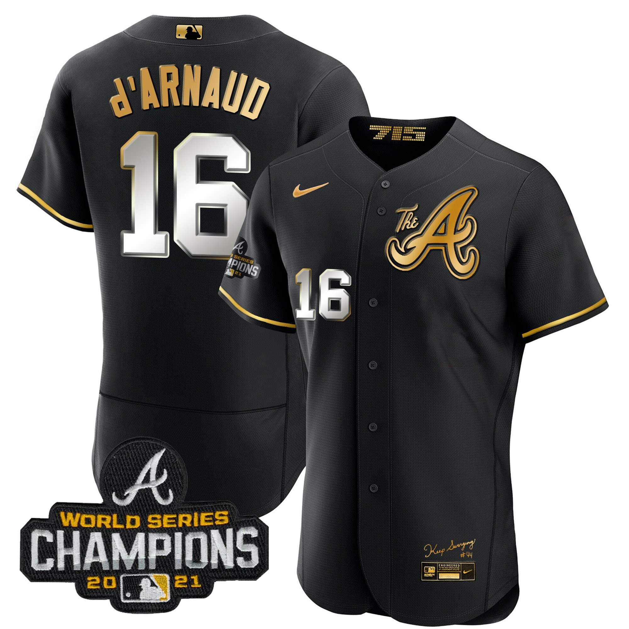 Travis d'Arnaud Youth's Atlanta Braves Champions City Connect Gold Flex Base Black Gold Jersey - All Stitched