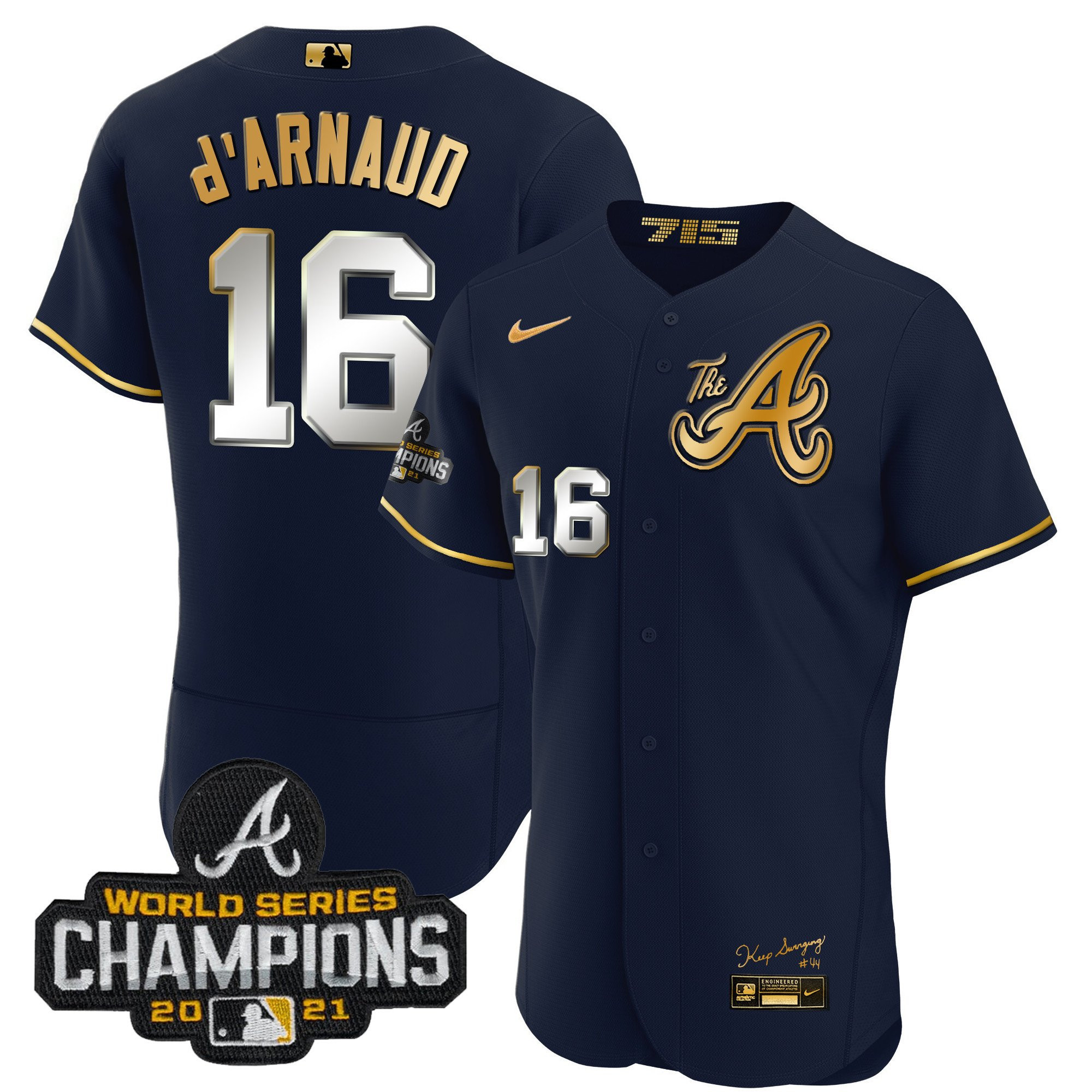 Travis d'Arnaud Youth's Atlanta Braves Champions City Connect Gold Flex Base Navy Gold Jersey - All Stitched