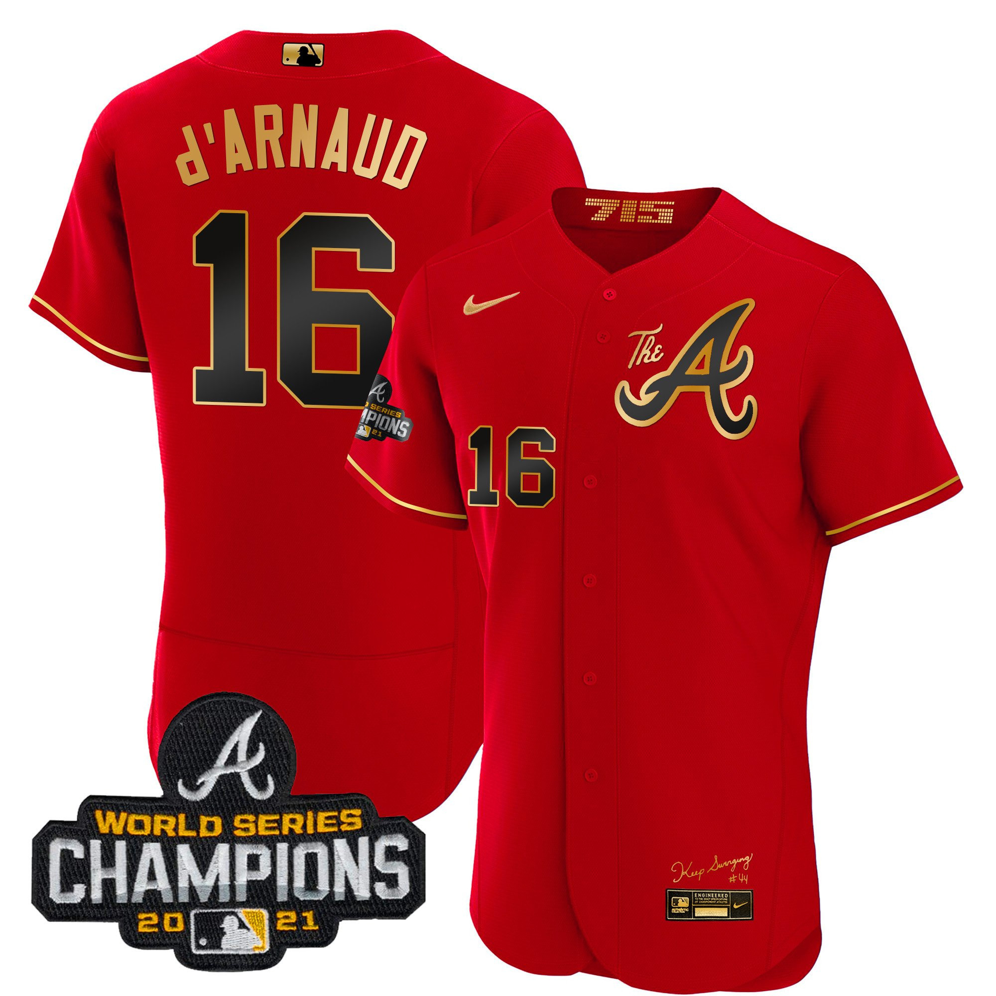 Travis d'Arnaud Youth's Atlanta Braves Champions City Connect Gold Flex Base Red Gold Jersey - All Stitched