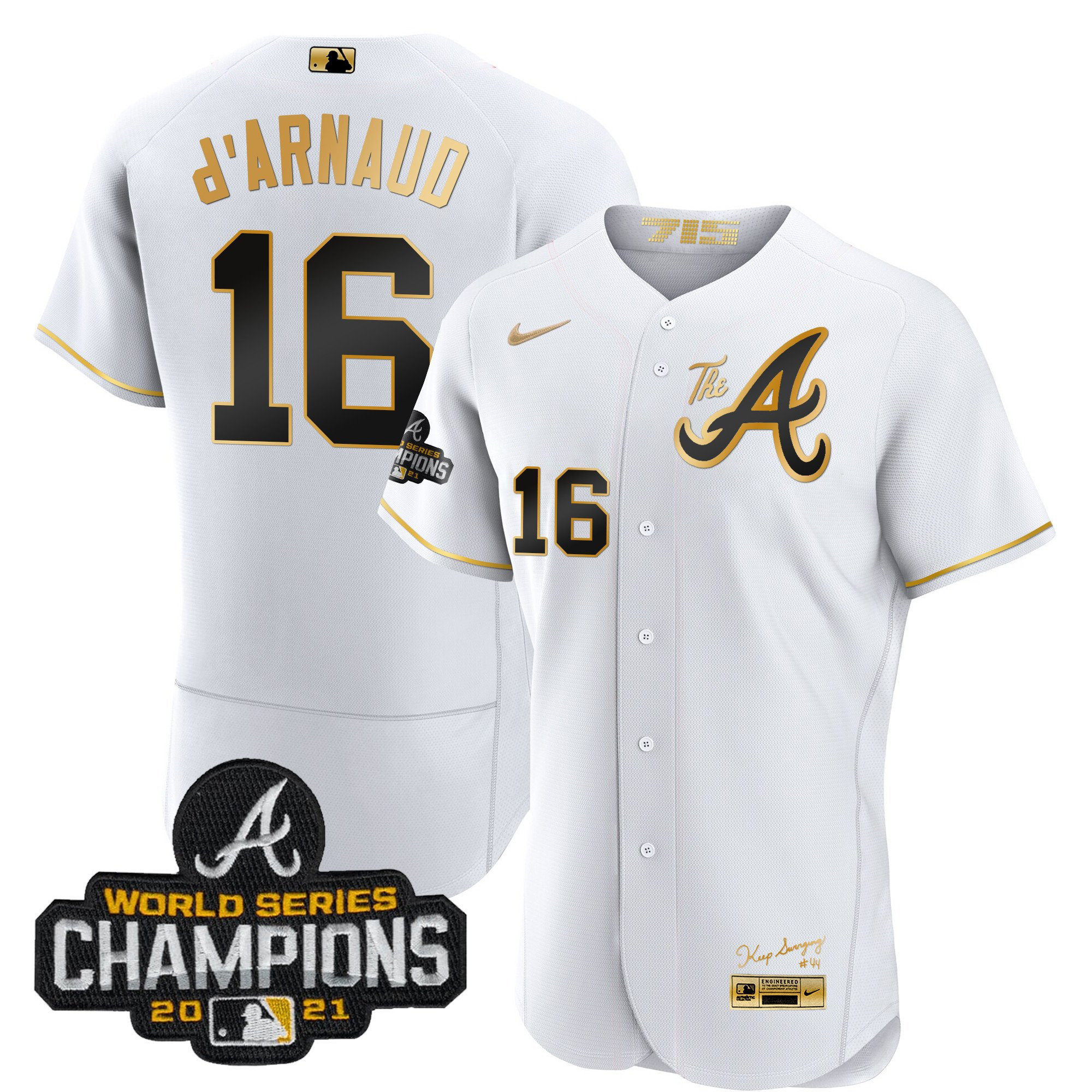 Travis d'Arnaud Youth's Atlanta Braves Champions City Connect Gold Flex Base White Gold Jersey - All Stitched