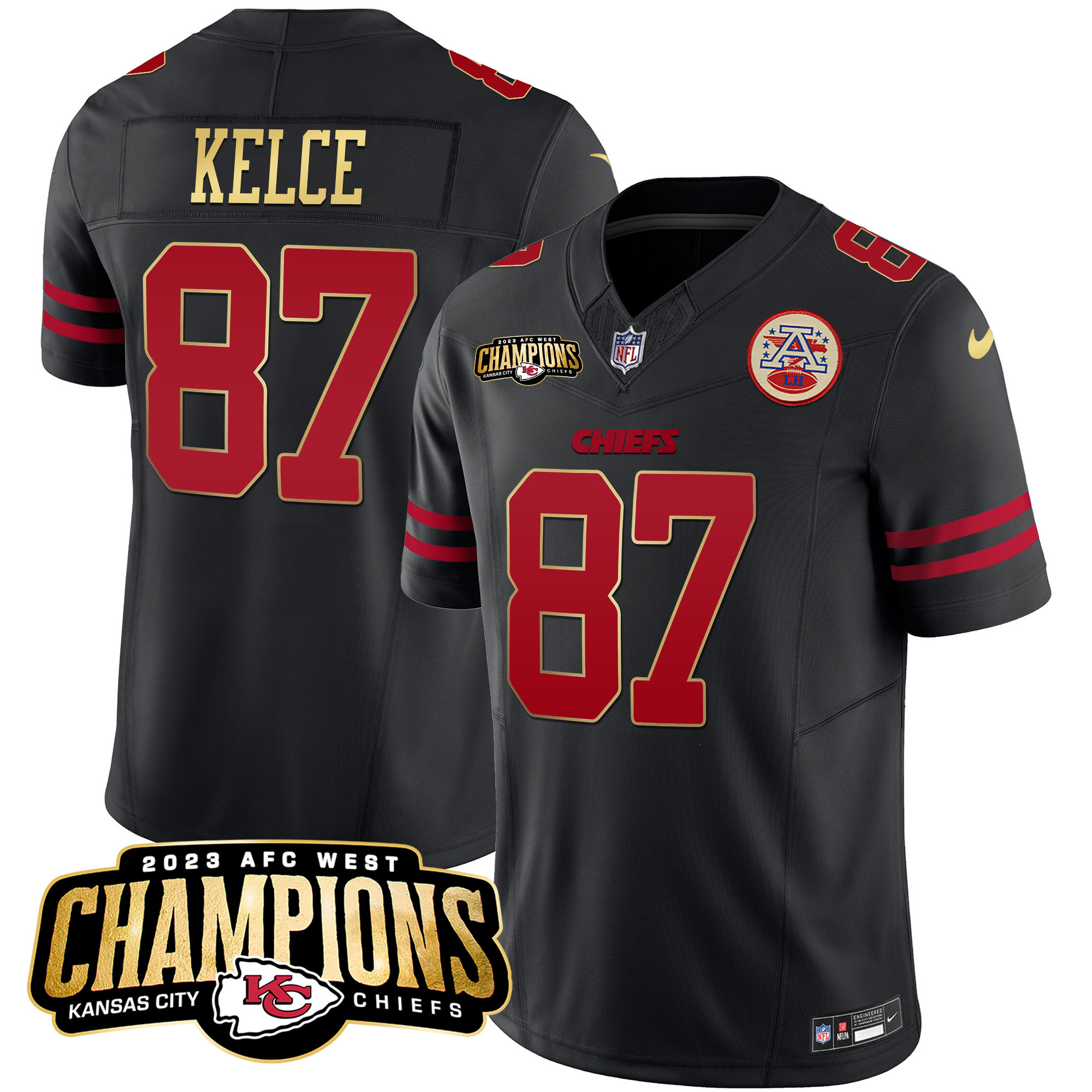 Travis Kelce Men's Kansas City Chiefs 2023 AFC West Champions Patch Vapor Limited Gold Trim Jersey - All Stitched 