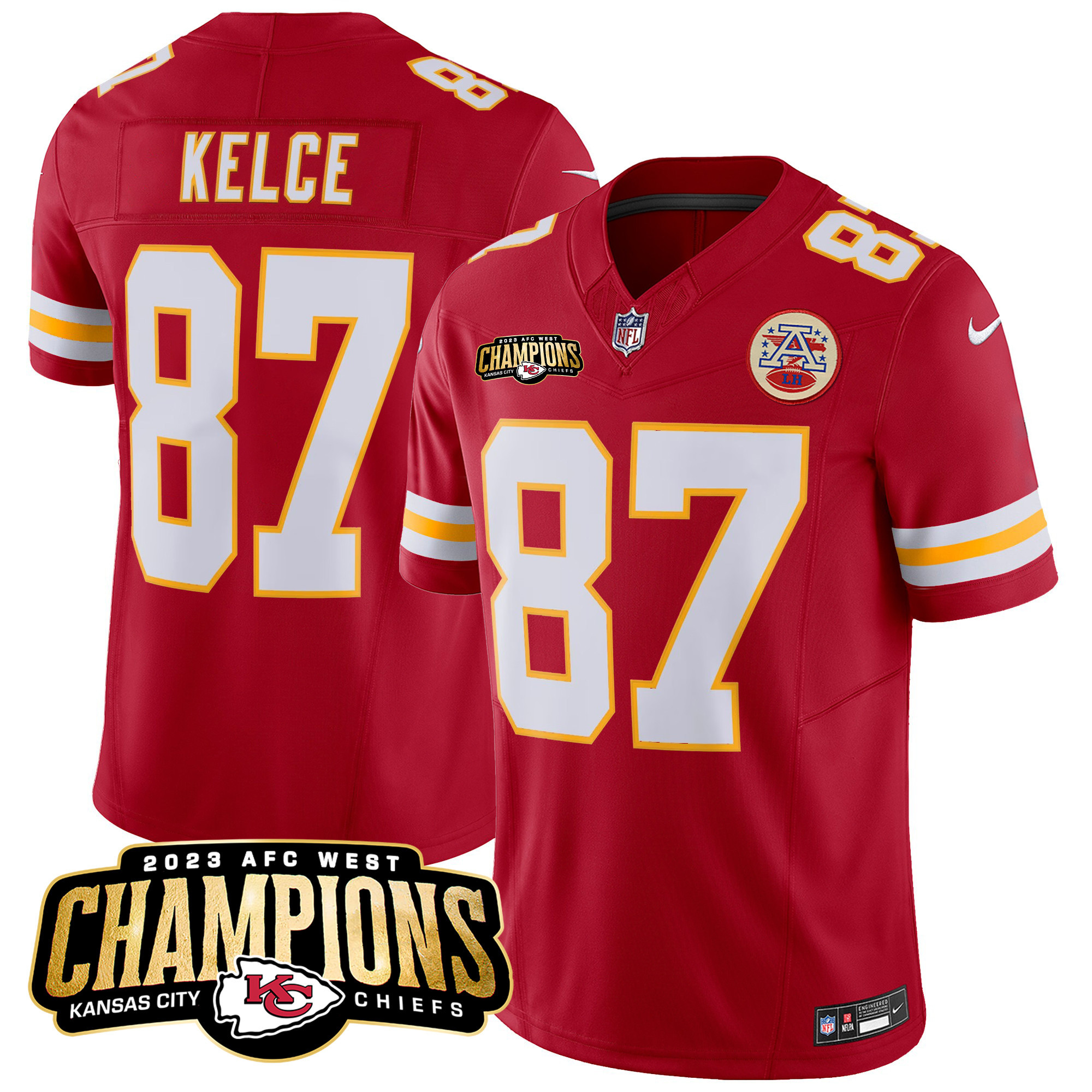 Travis Kelce Men's Kansas City Chiefs 2023 AFC West Champions Patch Vapor Limited Red Jersey - All Stitched 