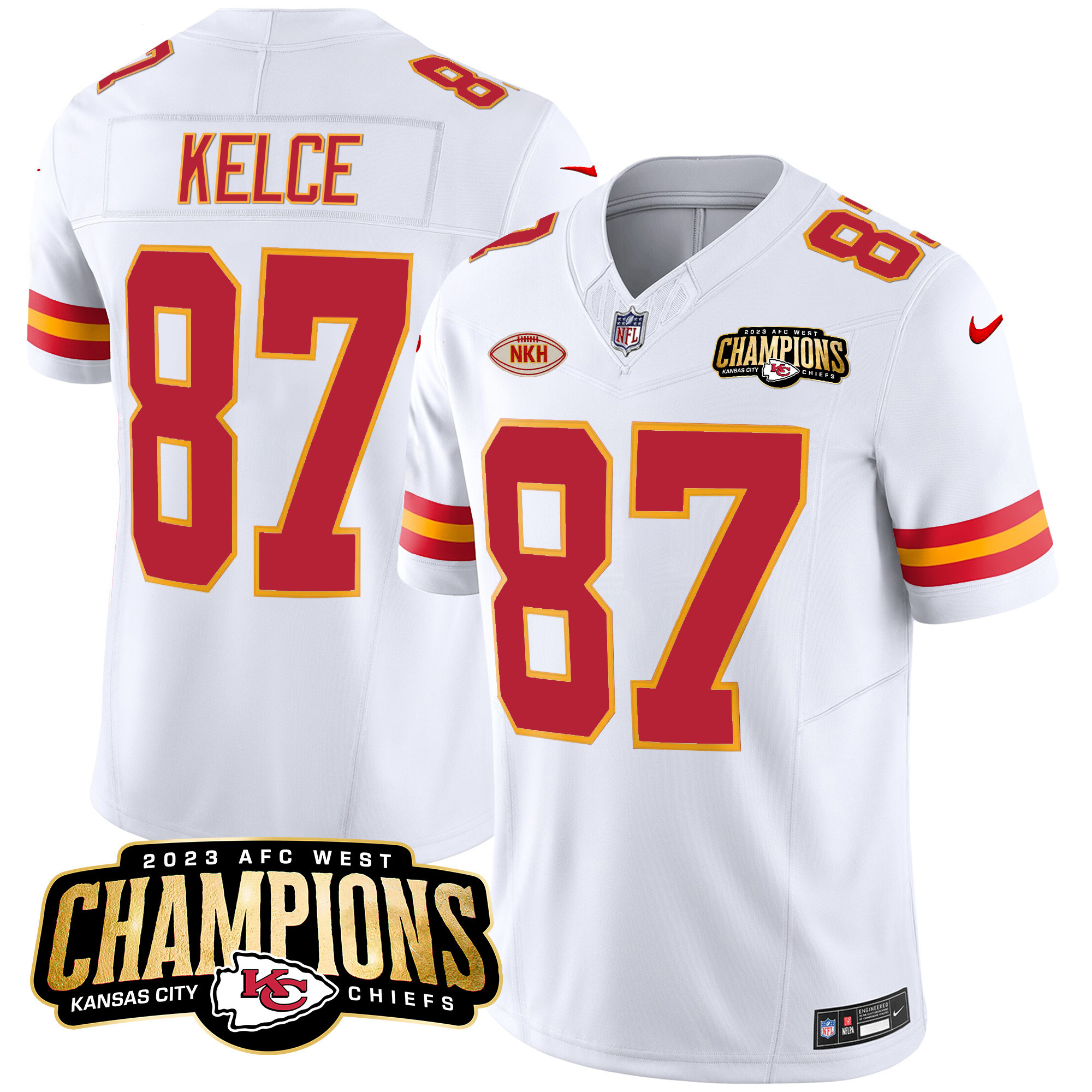 Travis Kelce Men's Kansas City Chiefs 2023 AFC West Champions Patch Vapor Limited White Jersey - All Stitched 