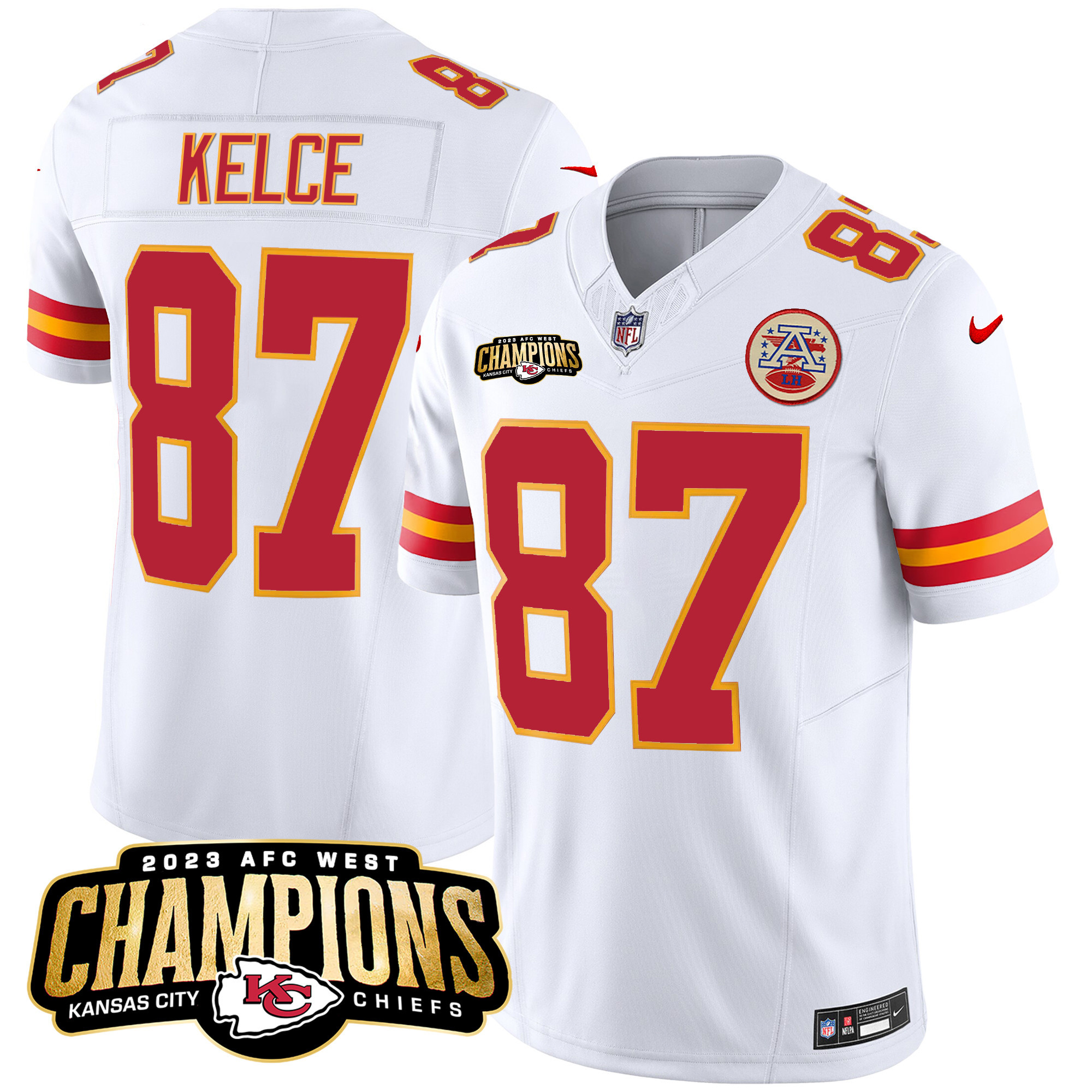 Travis Kelce Men's Kansas City Chiefs 2023 AFC West Champions Patch Vapor Limited White Jersey - All Stitched 
