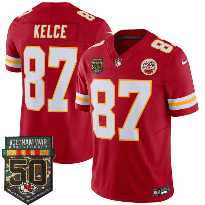 Travis Kelce Men's Kansas City Chiefs 50th Vietnam War Anniversary Patch Vapor Limited Red Jersey - All Stitched 