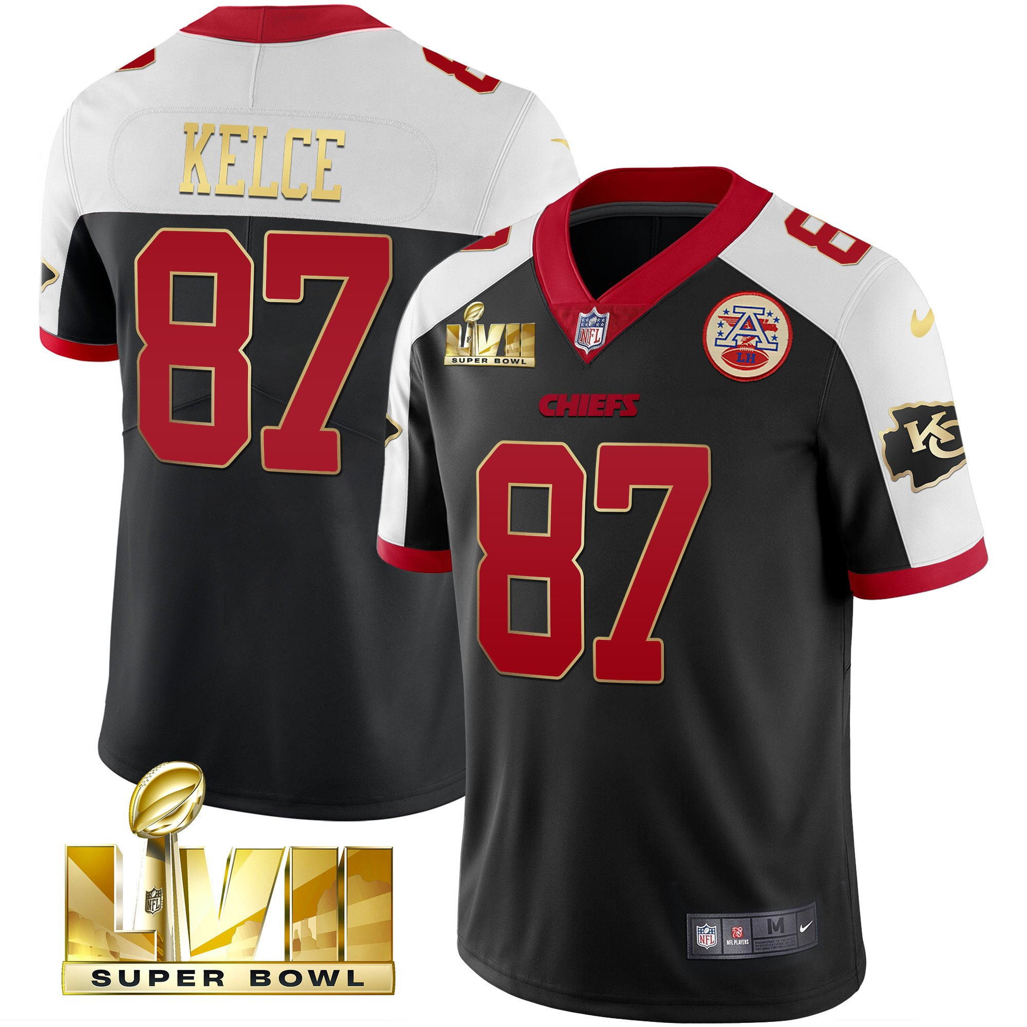 Travis Kelce Men's Kansas City Chiefs Super Bowl LVII Alternate Gold Vapor Gold Trim Jersey - All Stitched 