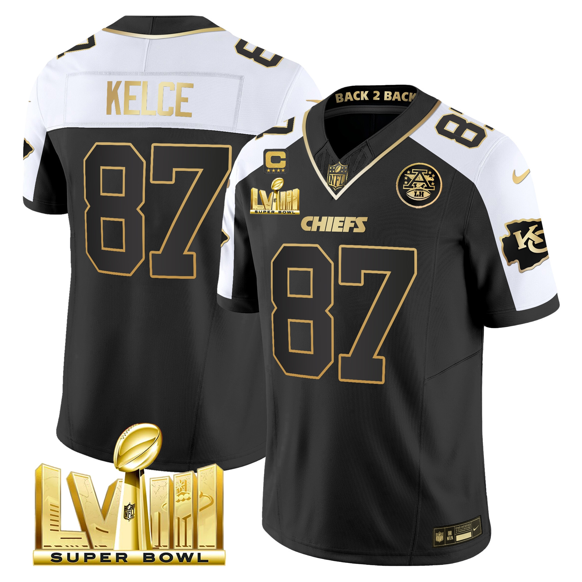 Travis Kelce Men's Kansas City Chiefs Super Bowl LVIII & Back 2 Back Gold Patch Vapor Alternate Jersey - All Stitched 