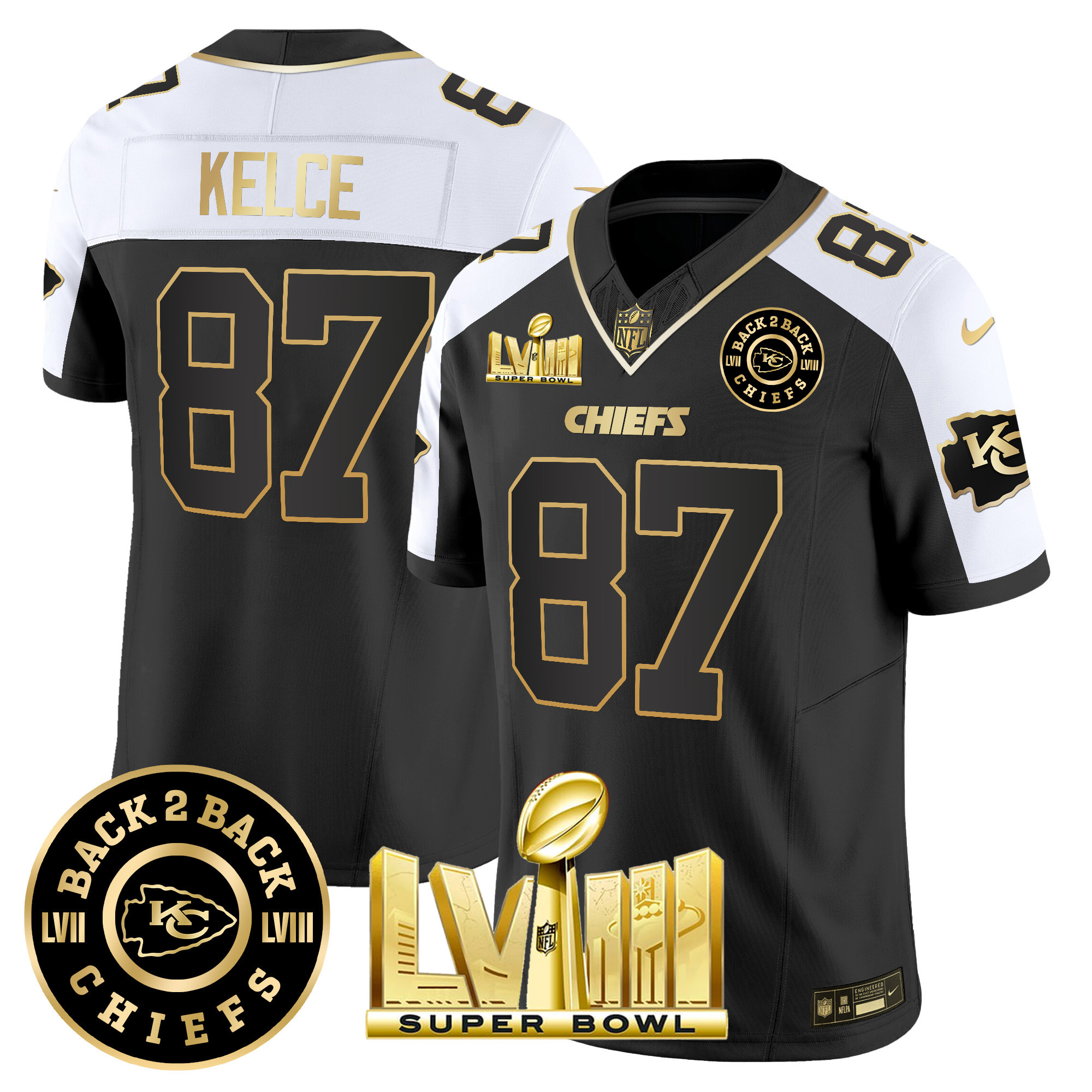 Travis Kelce Men's Kansas City Chiefs Super Bowl LVIII & Back 2 Back Patch Vapor Alternate Jersey - All Stitched 