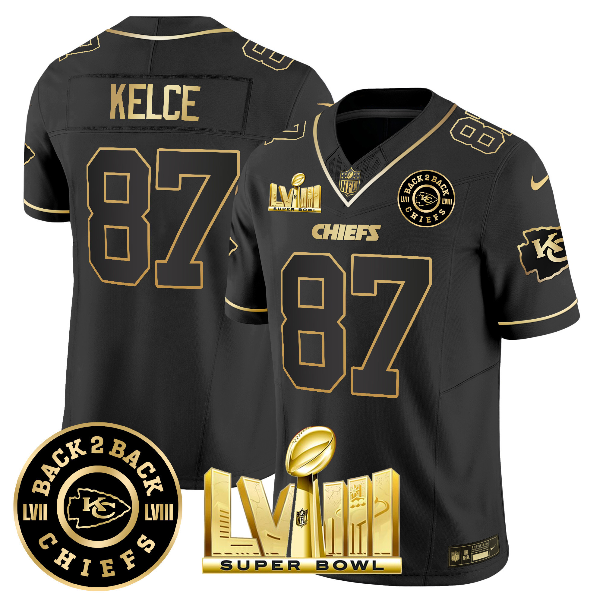 Travis Kelce Men's Kansas City Chiefs Super Bowl LVIII & Back 2 Back Patch Vapor Black Gold Jersey - All Stitched 