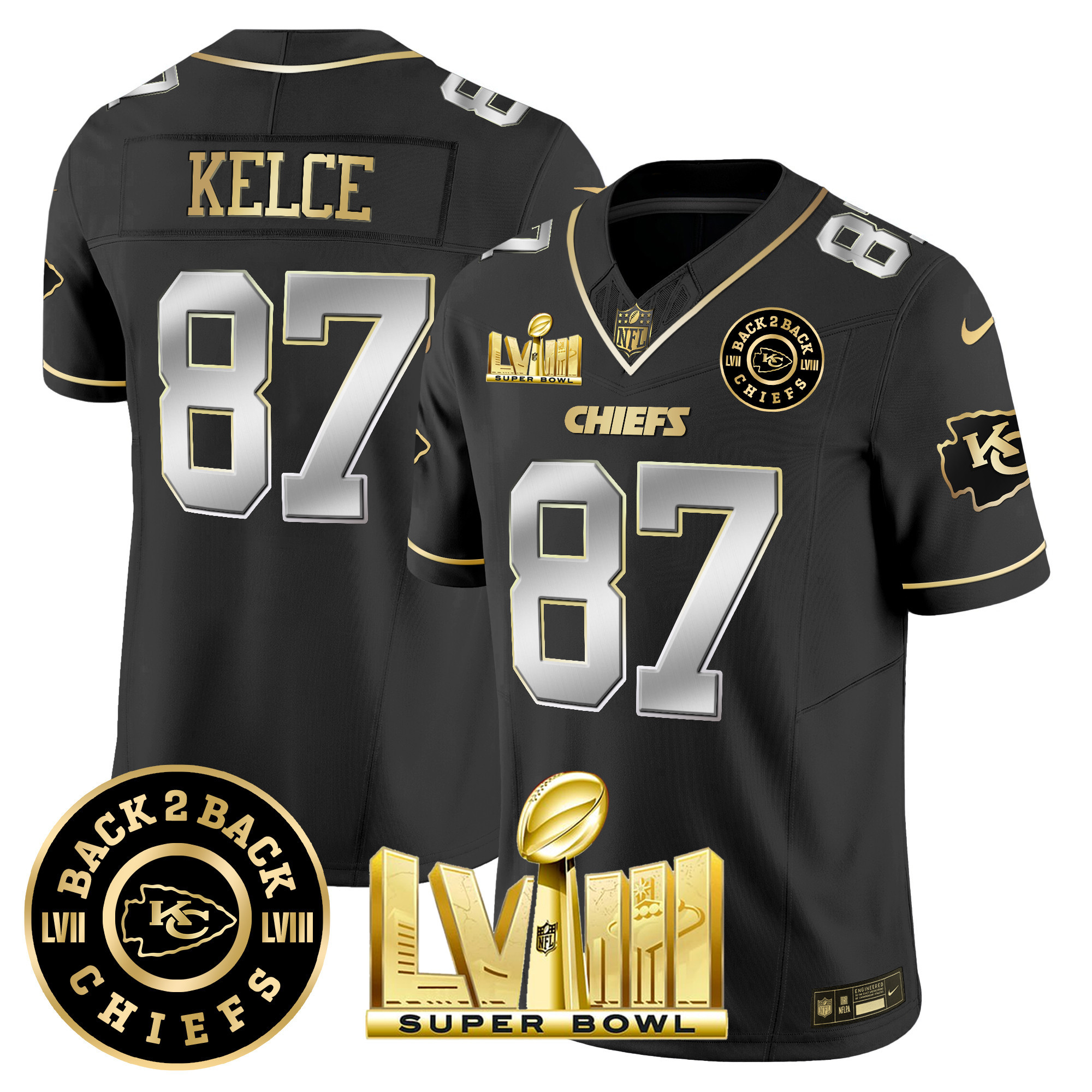 Travis Kelce Men's Kansas City Chiefs Super Bowl LVIII & Back 2 Back Patch Vapor Black Limited Jersey - All Stitched 