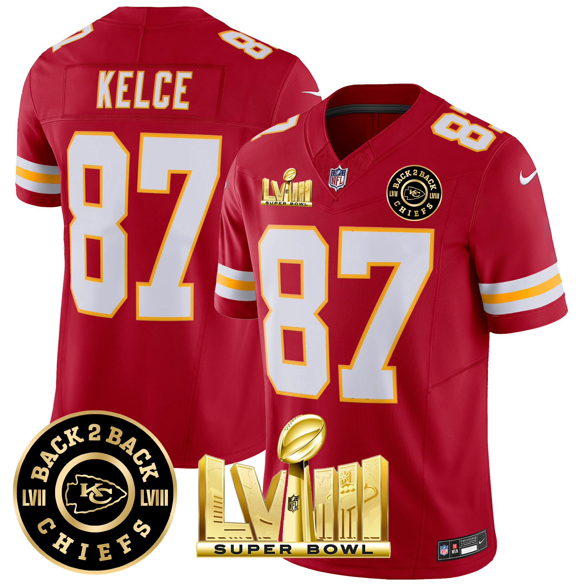 Travis Kelce Men's Kansas City Chiefs Super Bowl LVIII & Back 2 Back Patch Vapor Red Jersey - All Stitched 