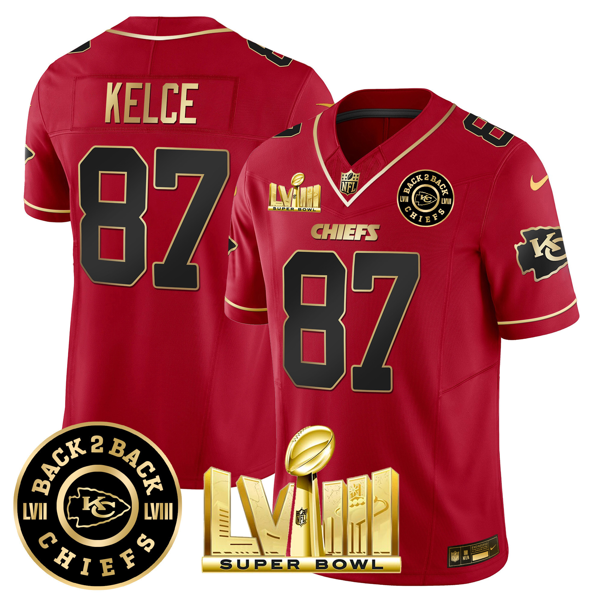Travis Kelce Men's Kansas City Chiefs Super Bowl LVIII & Back 2 Back Patch Vapor Red Special Jersey - All Stitched 
