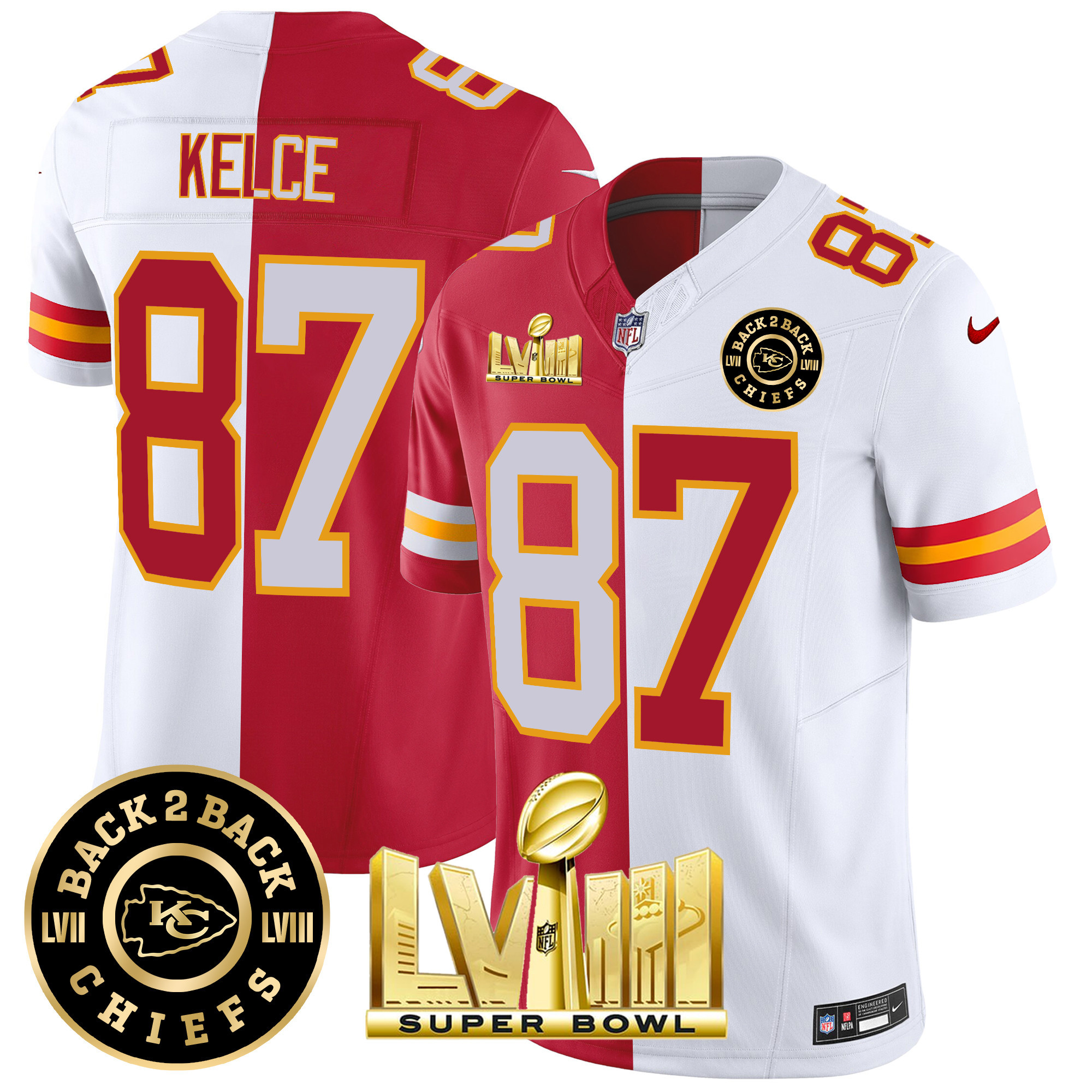 Travis Kelce Men's Kansas City Chiefs Super Bowl LVIII & Back 2 Back Patch Vapor Split Jersey - All Stitched 