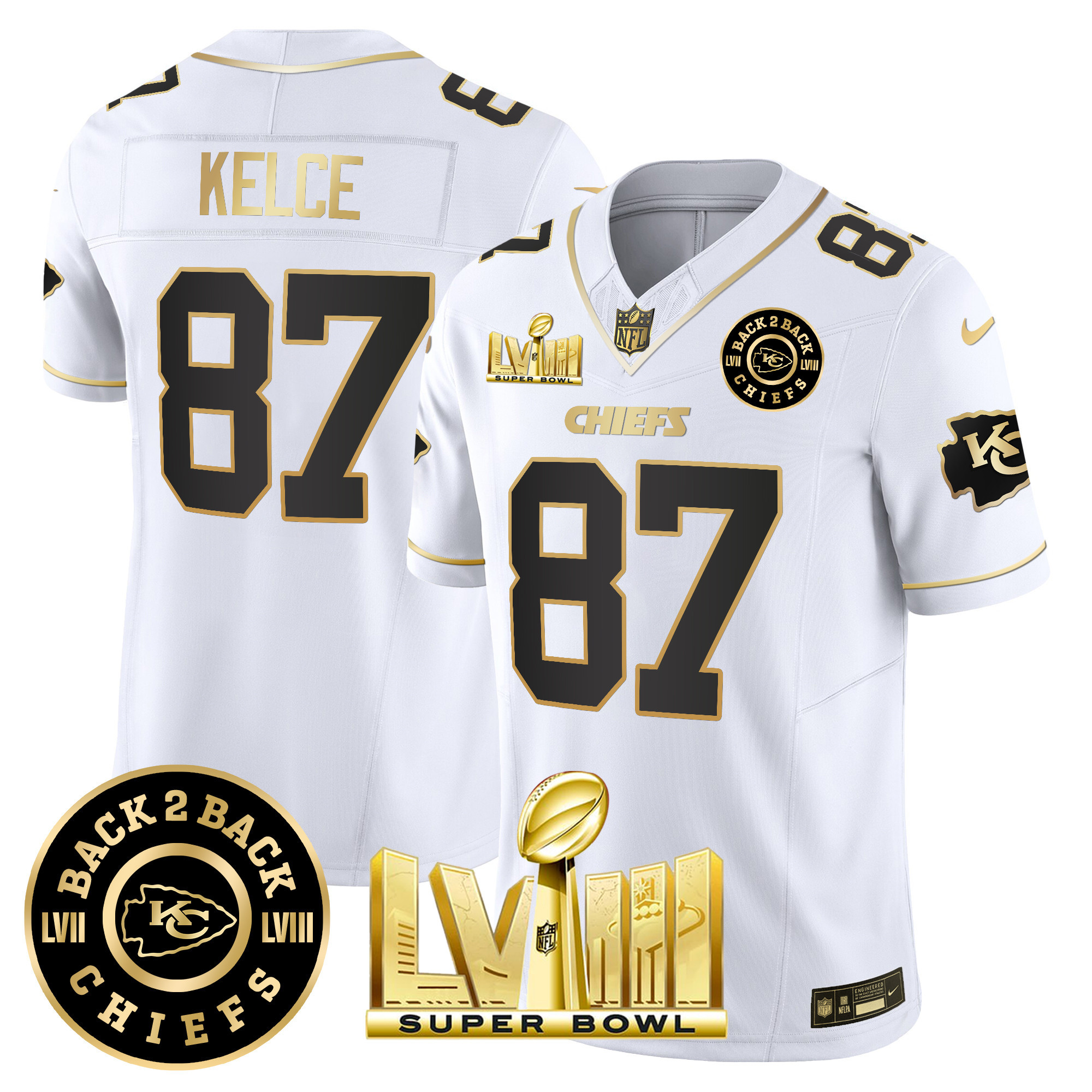 Travis Kelce Men's Kansas City Chiefs Super Bowl LVIII & Back 2 Back Patch Vapor White Gold Jersey - All Stitched 