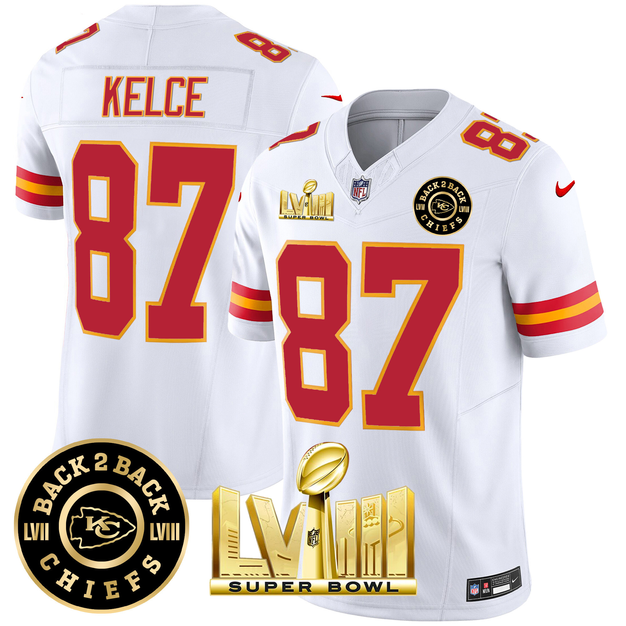 Travis Kelce Men's Kansas City Chiefs Super Bowl LVIII & Back 2 Back Patch Vapor White Jersey - All Stitched 