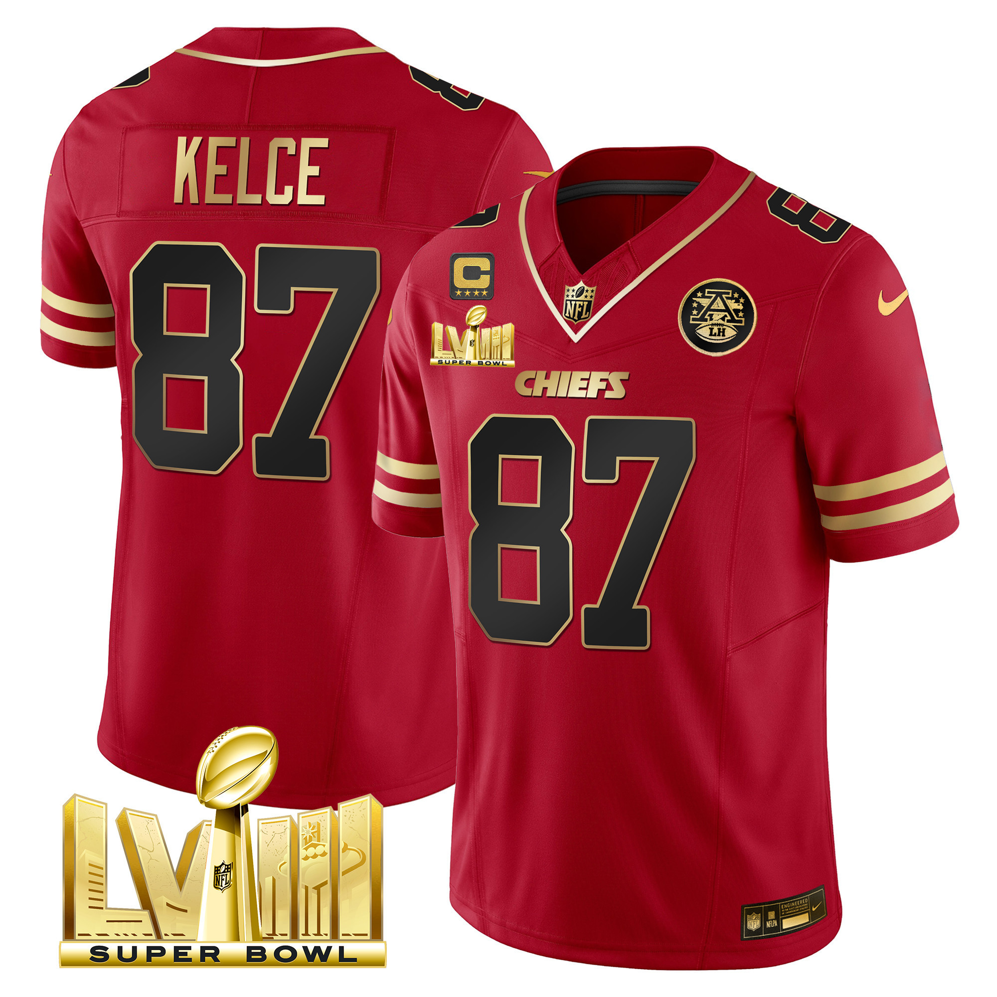 Travis Kelce Men's Kansas City Chiefs Super Bowl LVIII Gold Patch Vapor Black Red Jersey - All Stitched 