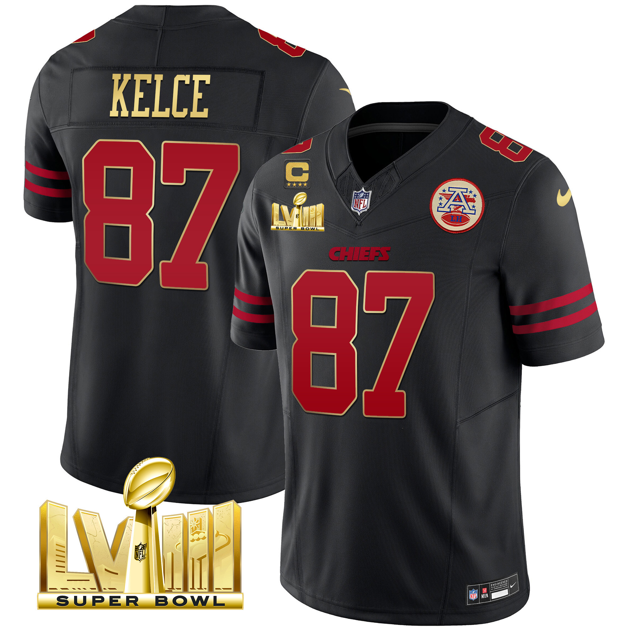 Travis Kelce Men's Kansas City Chiefs Super Bowl LVIII Gold Patch Vapor Gold Trim Jersey - All Stitched 