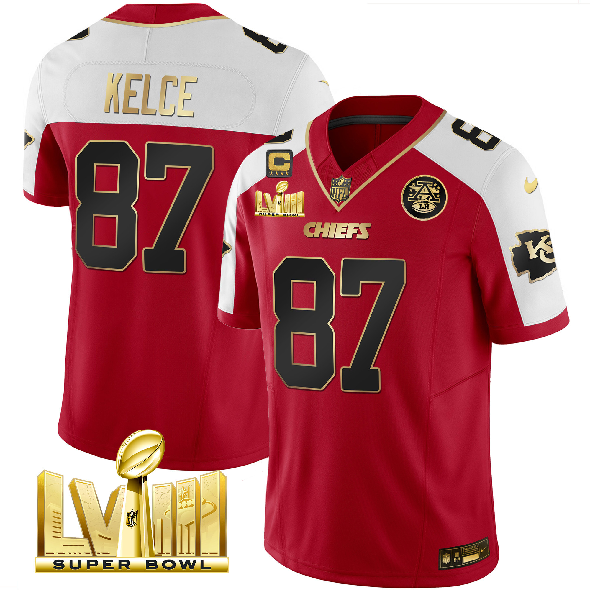 Travis Kelce Men's Kansas City Chiefs Super Bowl LVIII Gold Patch Vapor Red Alternate Jersey - All Stitched 