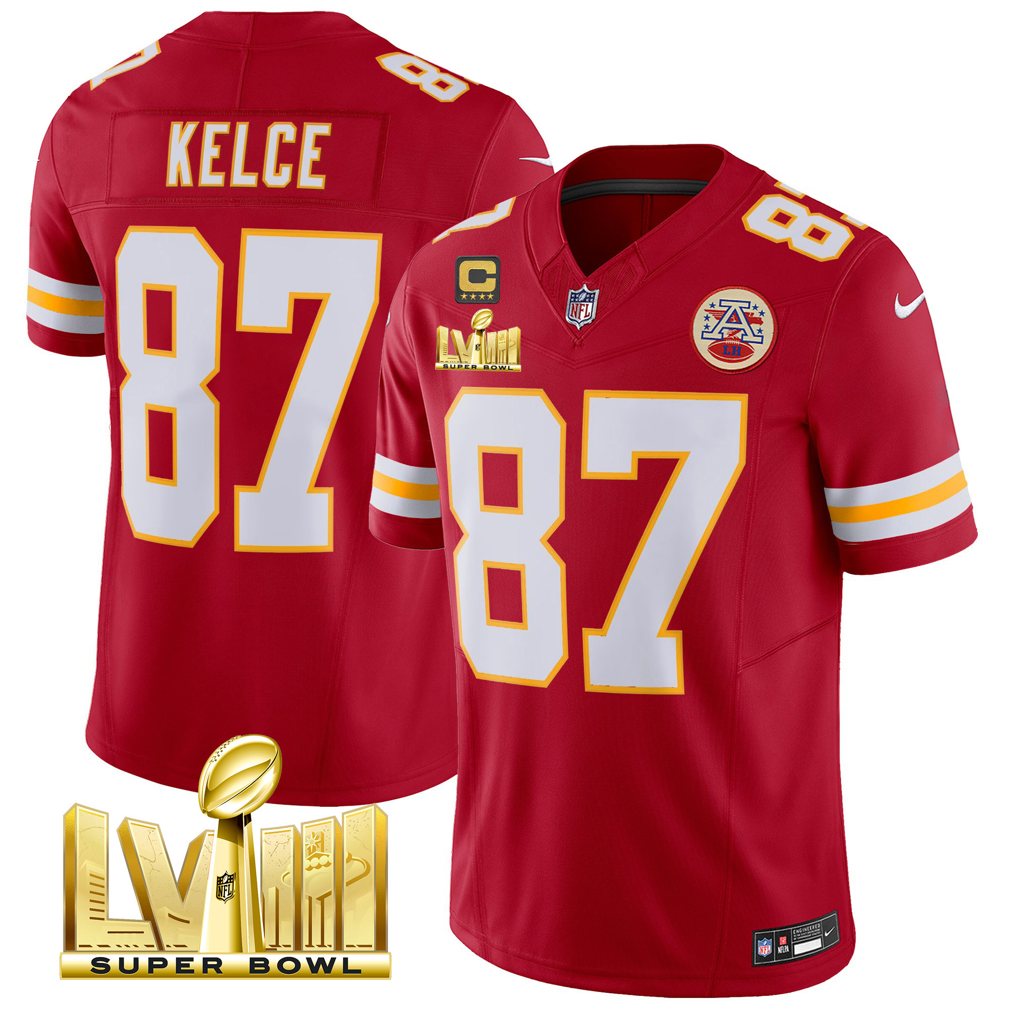 Travis Kelce Men's Kansas City Chiefs Super Bowl LVIII Gold Patch Vapor Red Jersey - All Stitched 
