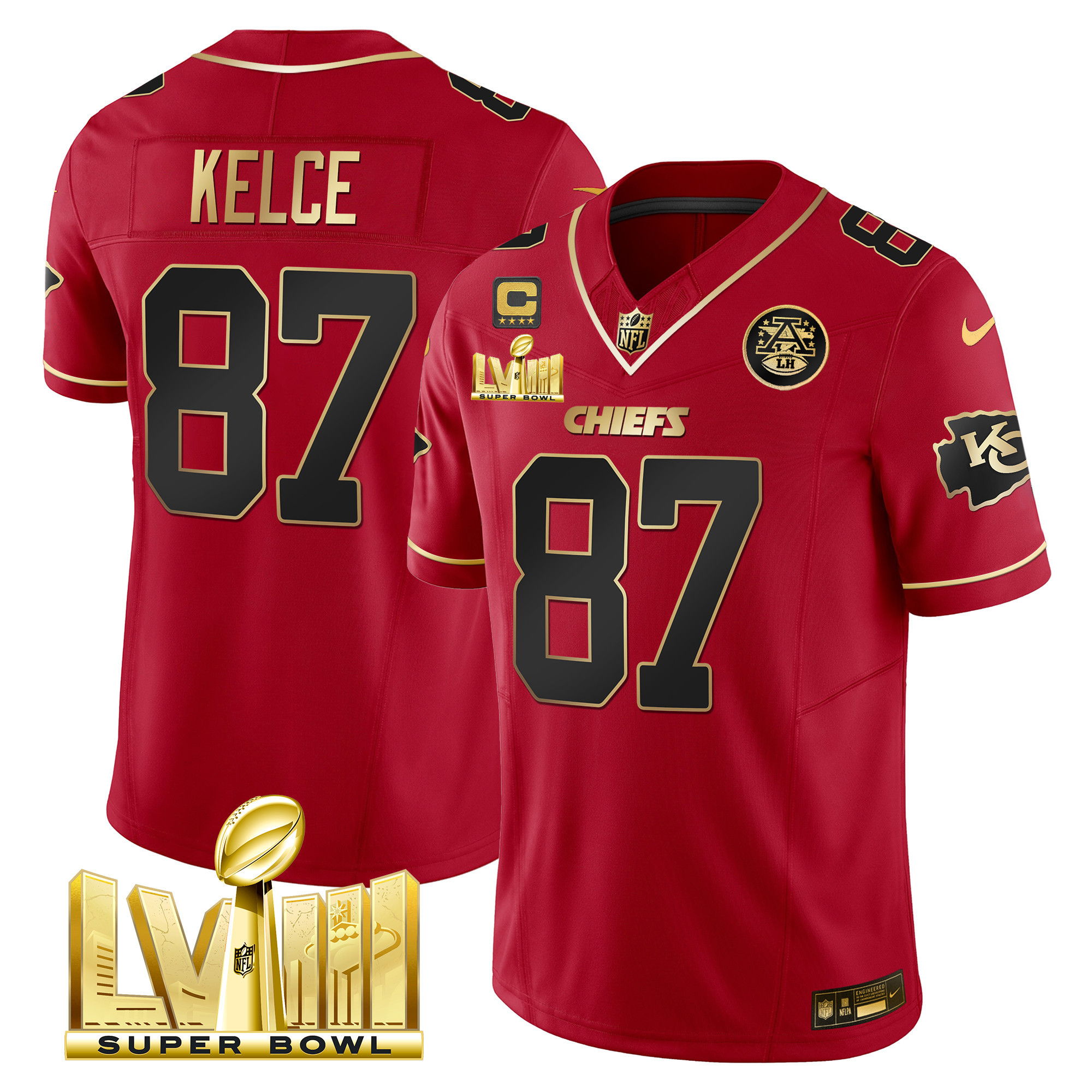 Travis Kelce Men's Kansas City Chiefs Super Bowl LVIII Gold Patch Vapor Red Special Jersey - All Stitched 