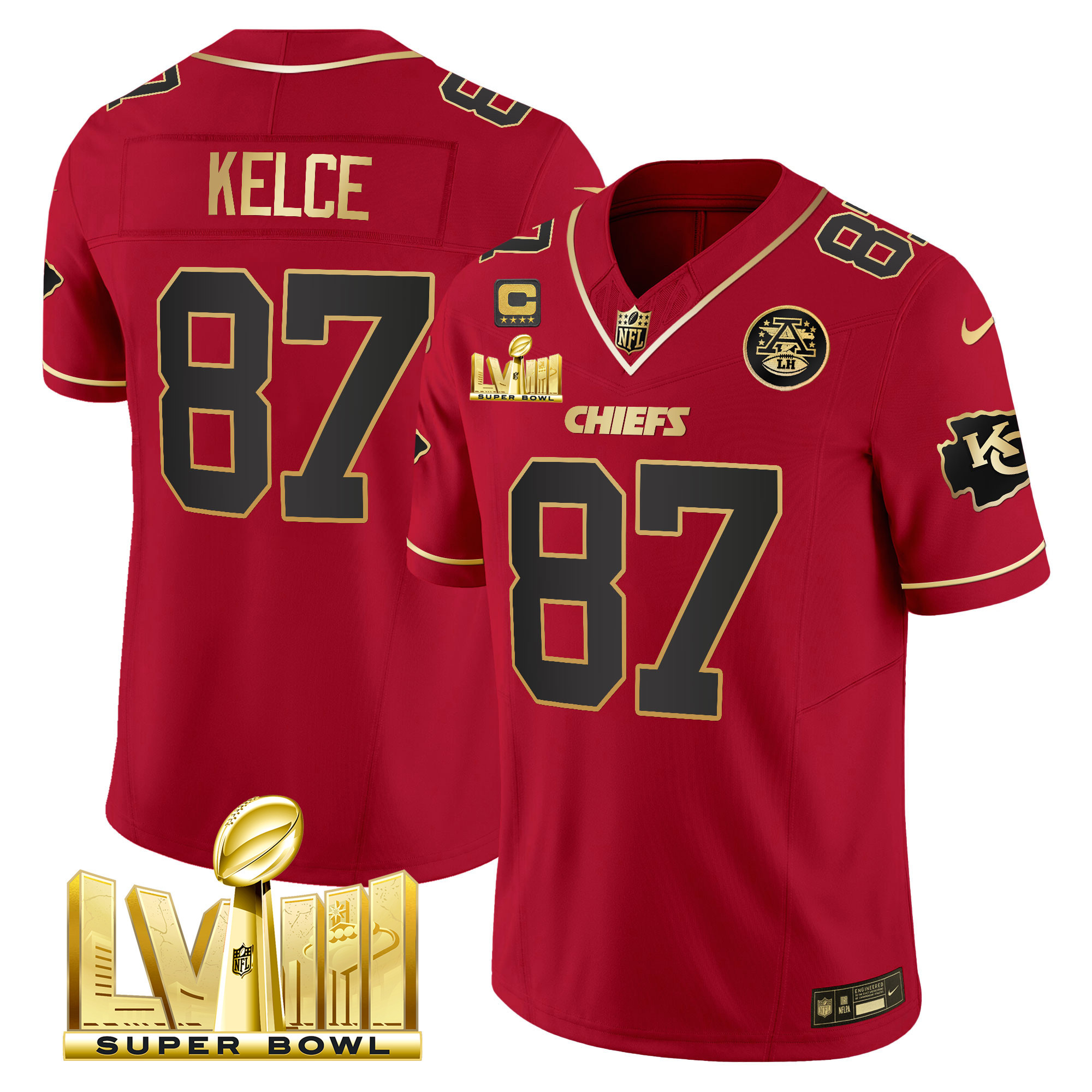 Travis Kelce Men's Kansas City Chiefs Super Bowl LVIII Gold Patch Vapor Red Special Jersey - All Stitched 